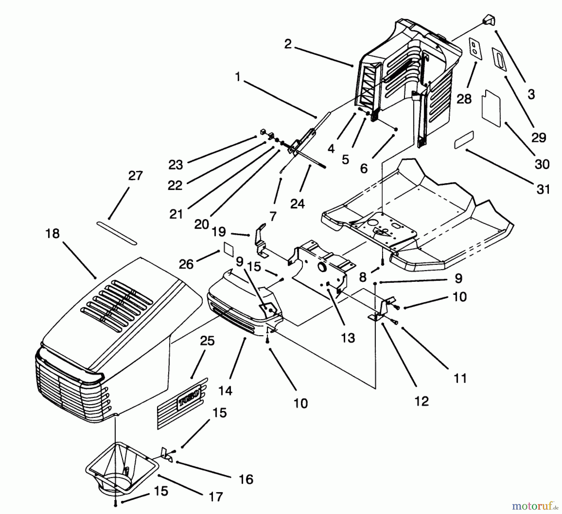 Toro Neu Mowers, Lawn & Garden Tractor Seite 1 71191 (13-38HXL) - Toro 13-38HXL Lawn Tractor, 1995 (5900001-5910000) HOOD ASSEMBLY