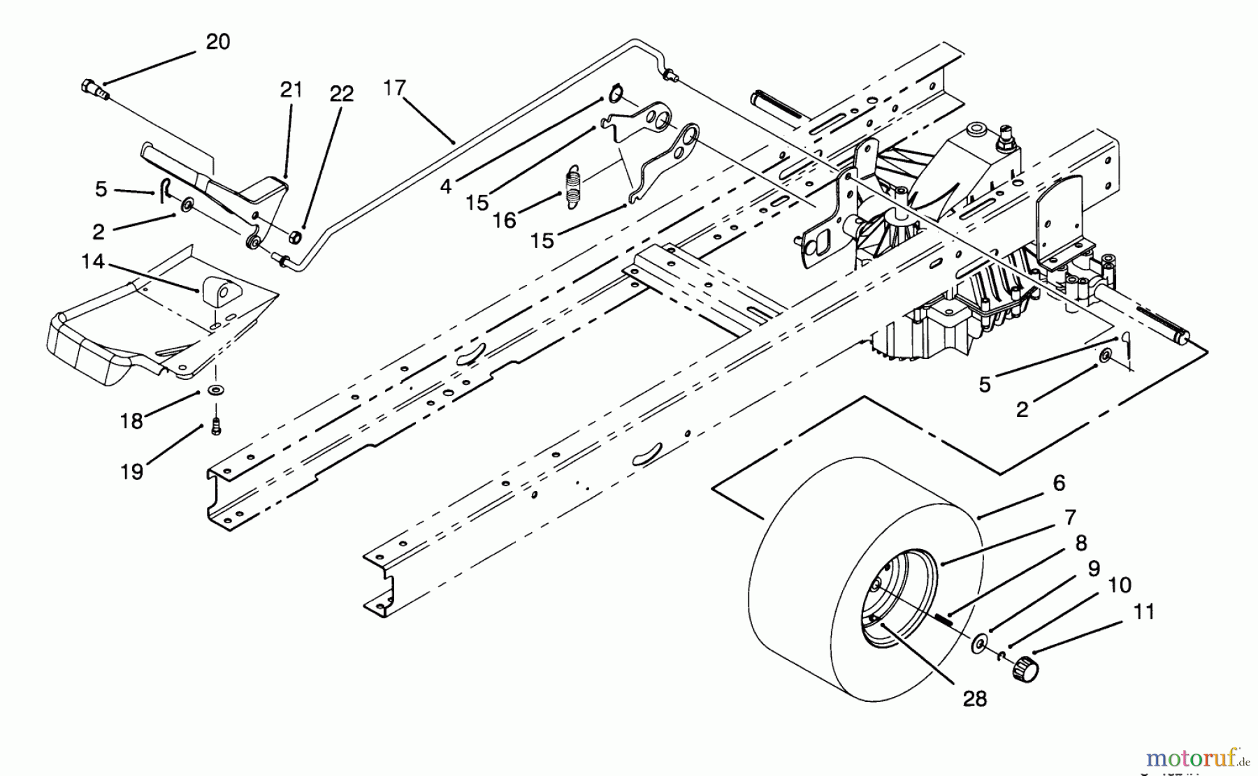 Toro Neu Mowers, Lawn & Garden Tractor Seite 1 71213 (13-38HXL) - Toro 13-38HXL Lawn Tractor, 1995 (59100001-59999999) SPEED CONTROL & REAR WHEEL ASSEMBLY