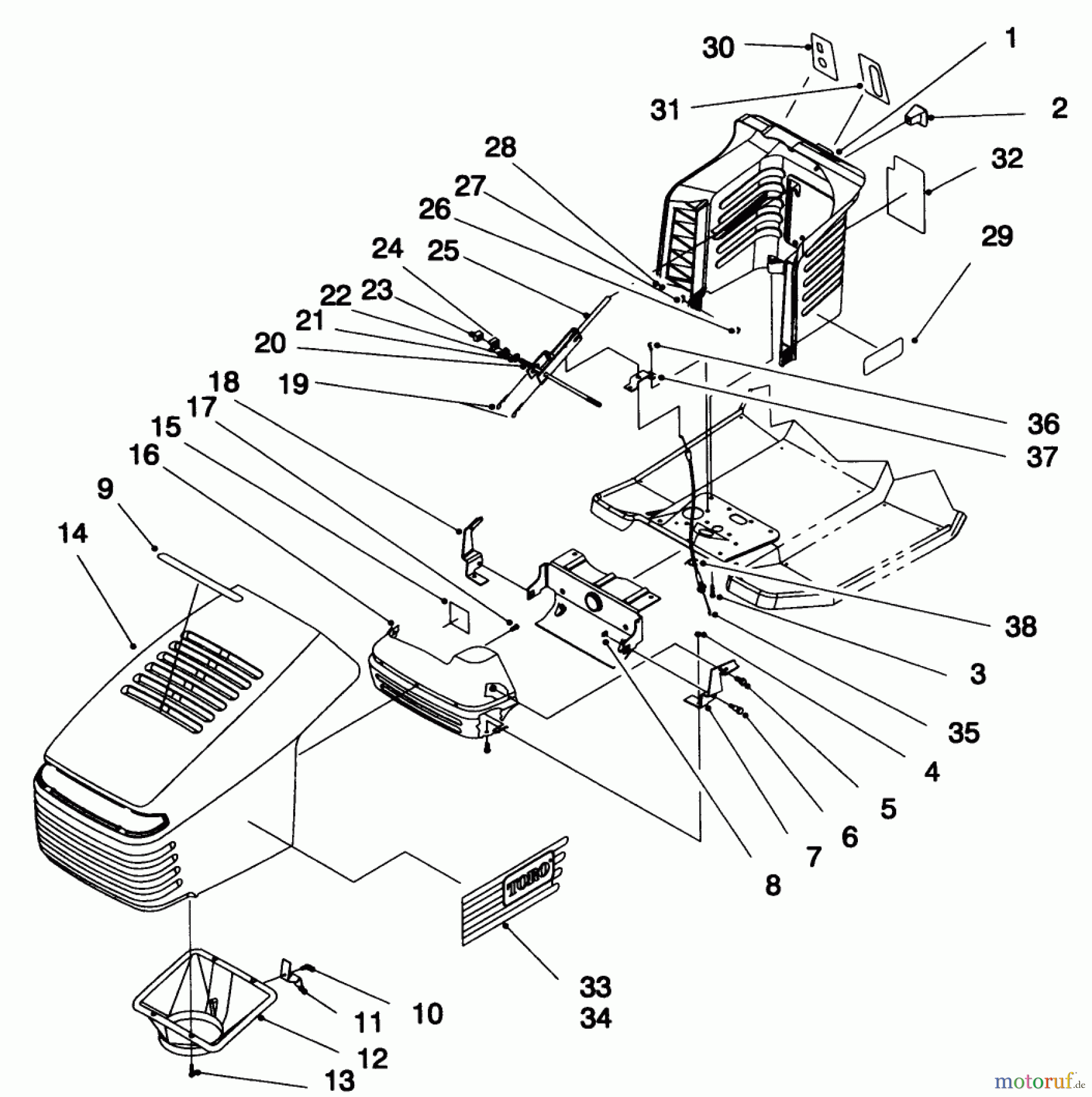 Toro Neu Mowers, Lawn & Garden Tractor Seite 1 71192 (15-44HXL) - Toro 15-44HXL Lawn Tractor, 1996 (6900001-6999999) HOOD ASSEMBLY