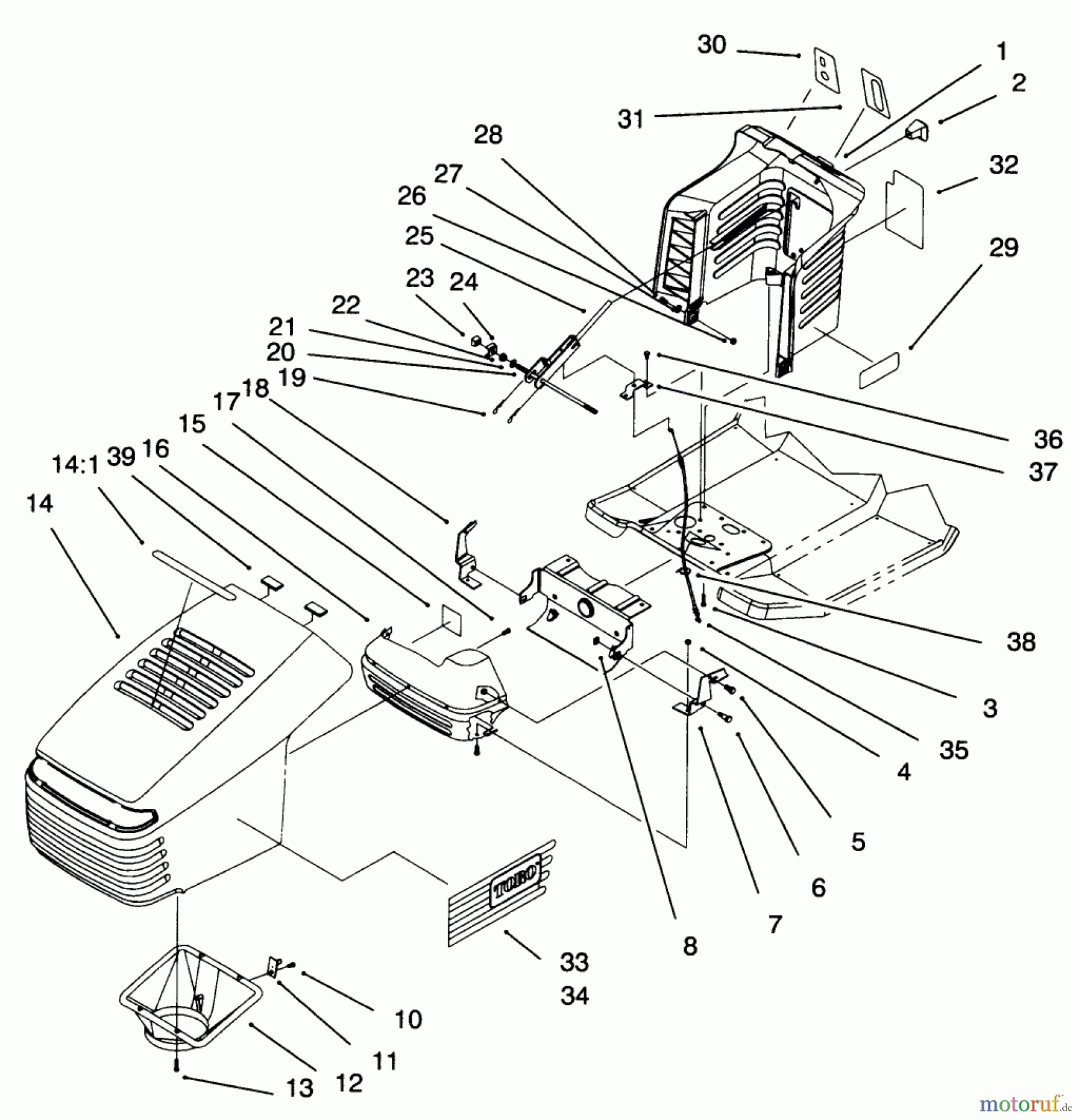  Toro Neu Mowers, Lawn & Garden Tractor Seite 1 71193 (14-38HXL) - Toro 14-38HXL Lawn Tractor, 1996 (6900001-6999999) HOOD & TOWER ASSEMBLY