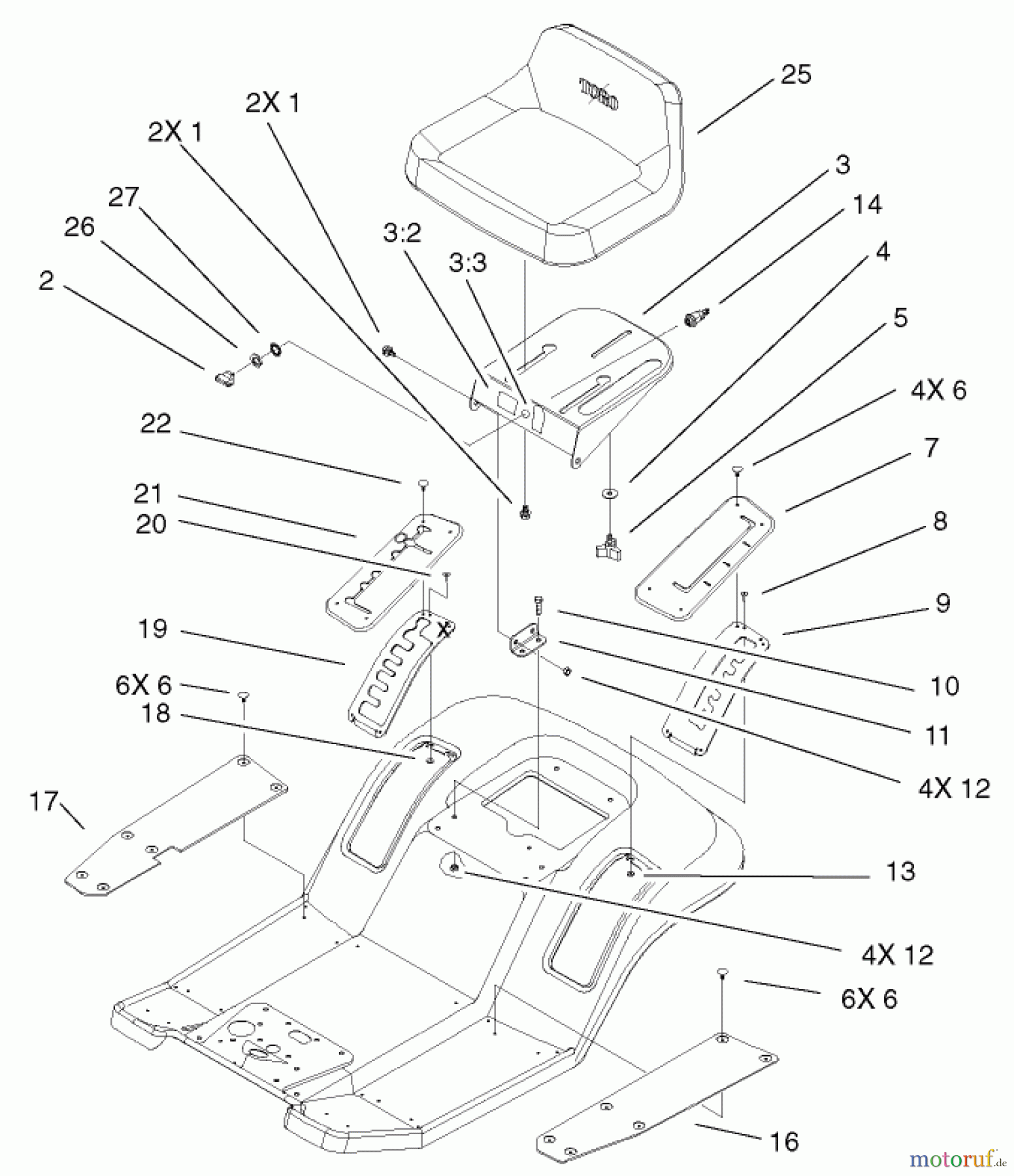  Toro Neu Mowers, Lawn & Garden Tractor Seite 1 71199 (12-32XL) - Toro 12-32XL Lawn Tractor, 2002 (220000001-220999999) REAR BODY & SEAT ASSEMBLY