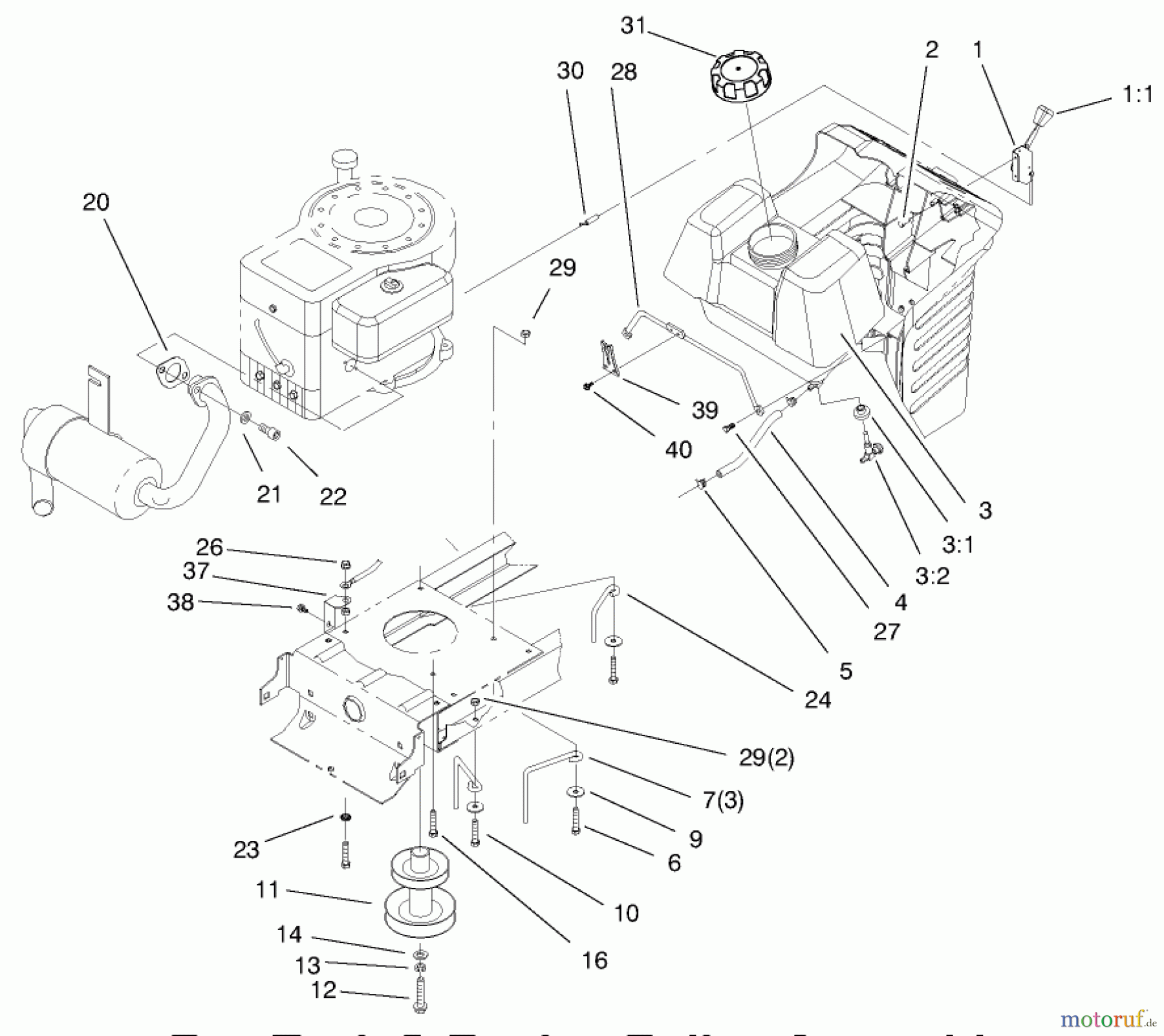  Toro Neu Mowers, Lawn & Garden Tractor Seite 1 71208 (13-38XL) - Toro 13-38XL Lawn Tractor, 1997 (7900001-7999999) GAS TANK & ENGINE PULLEY ASSEMBLY