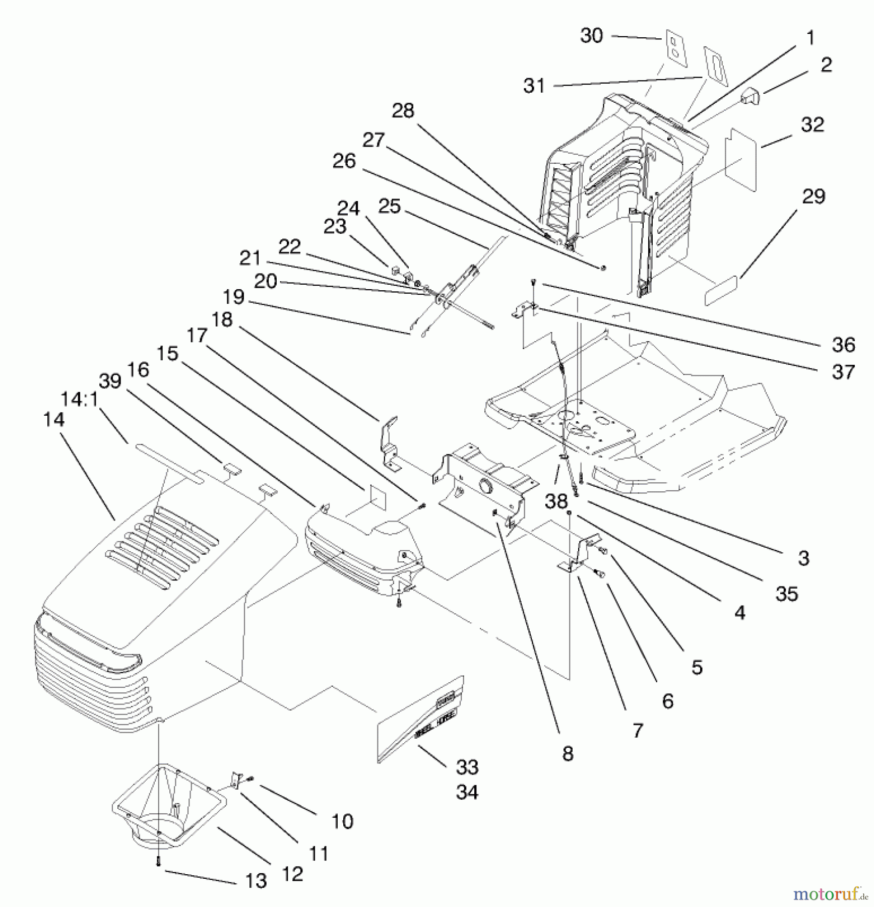 Toro Neu Mowers, Lawn & Garden Tractor Seite 1 71208 (13-38XL) - Toro 13-38XL Lawn Tractor, 1998 (8900001-8999999) HOOD ASSEMBLY