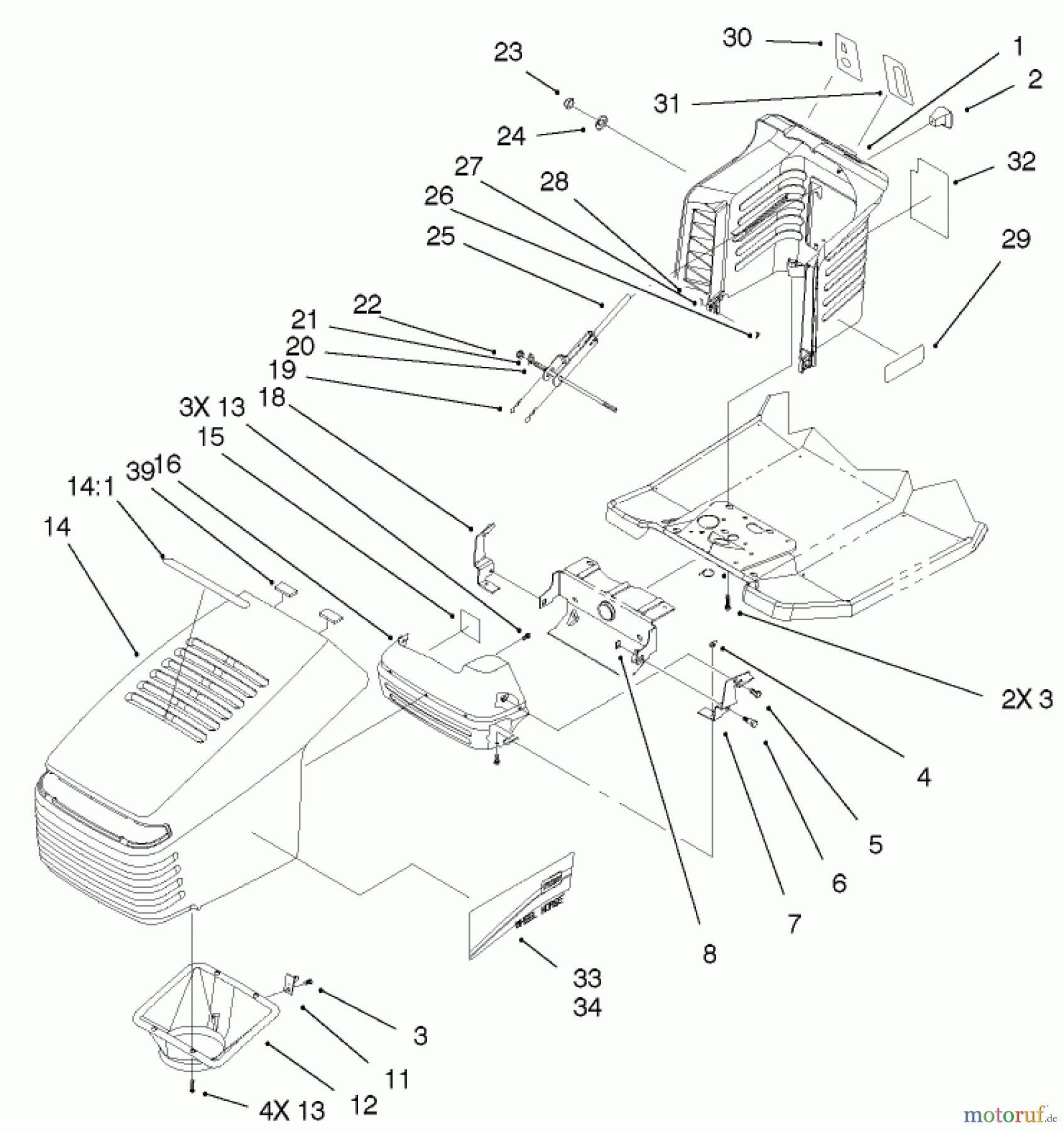  Toro Neu Mowers, Lawn & Garden Tractor Seite 1 71209 (13-32XLE) - Toro 13-32XLE Lawn Tractor, 2001 (210000001-210999999) HOOD & TOWER ASSEMBLY