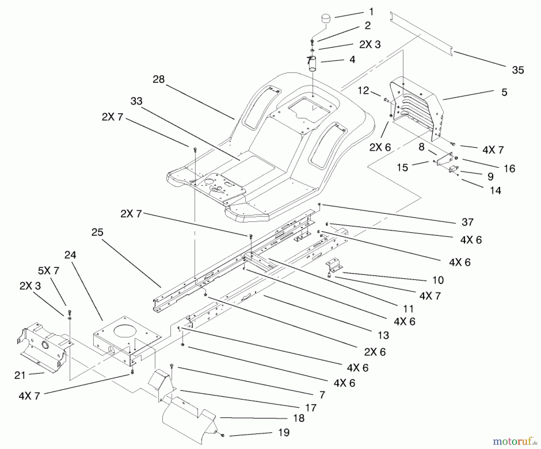  Toro Neu Mowers, Lawn & Garden Tractor Seite 1 71209 (13-32XLE) - Toro 13-32XLE Lawn Tractor, 2002 (220010001-220999999) FRAME & BODY ASSEMBLY