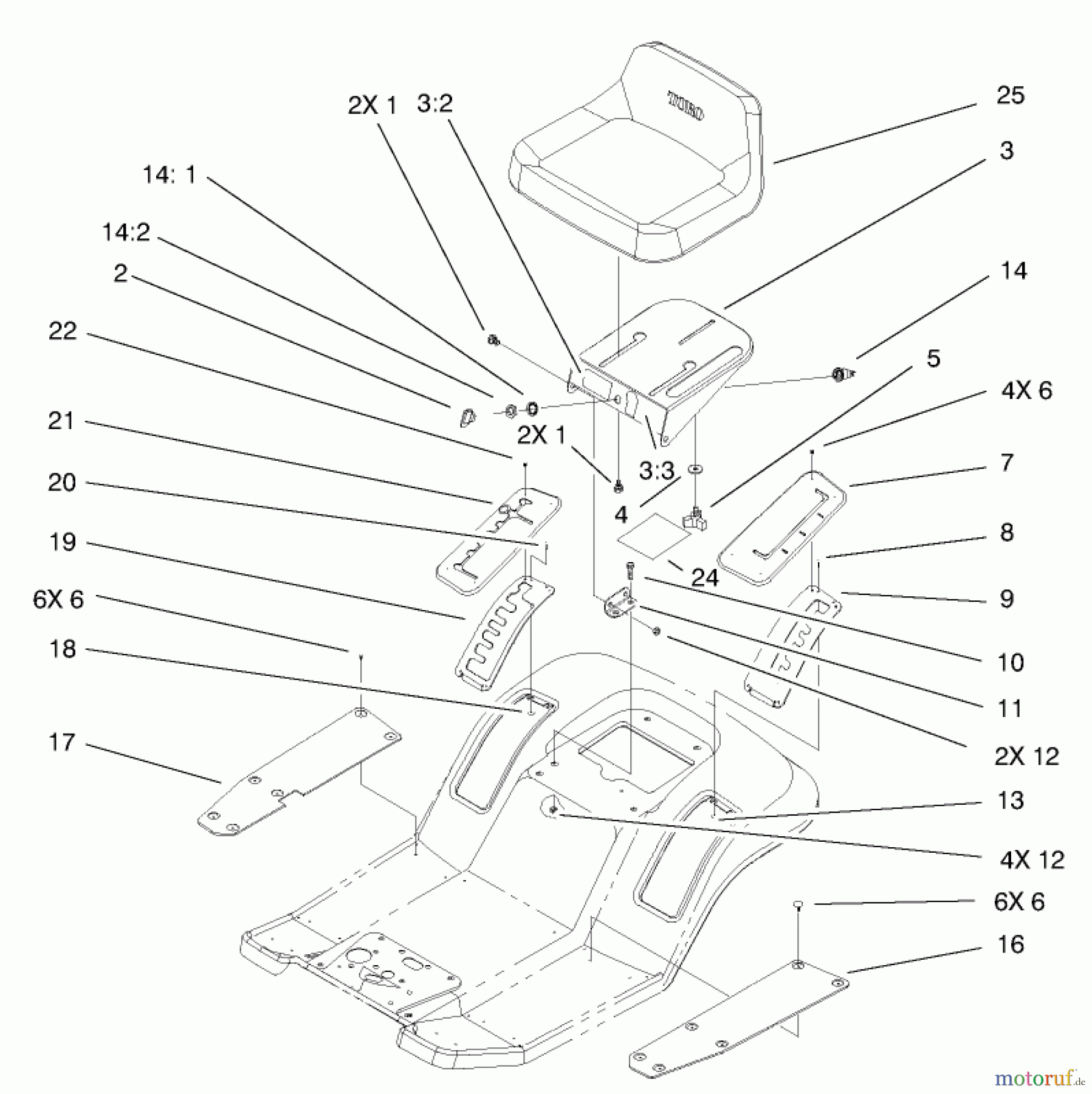 Toro Neu Mowers, Lawn & Garden Tractor Seite 1 71209 (13-32XLE) - Toro 13-32XLE Lawn Tractor, 2002 (220010001-220999999) REAR BODY & SEAT ASSEMBLY