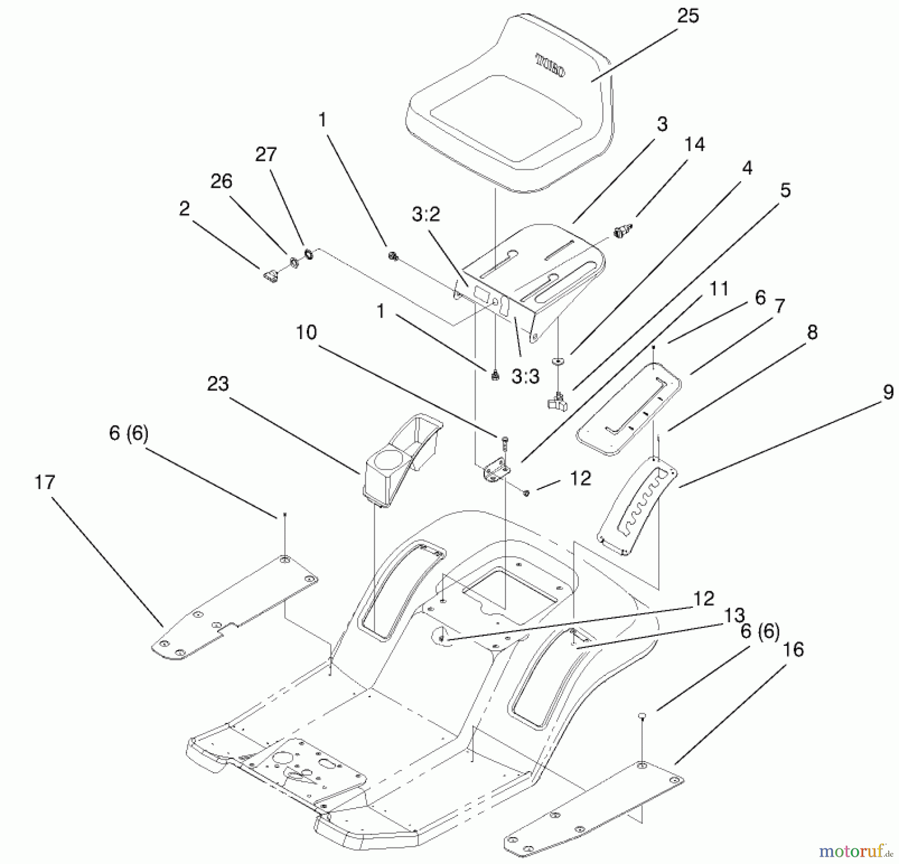 Toro Neu Mowers, Lawn & Garden Tractor Seite 1 71212 (17-44HXL) - Toro 17-44HXL Lawn Tractor, 2000 (200000001-200999999) REAR BODY & SEAT ASSEMBLY
