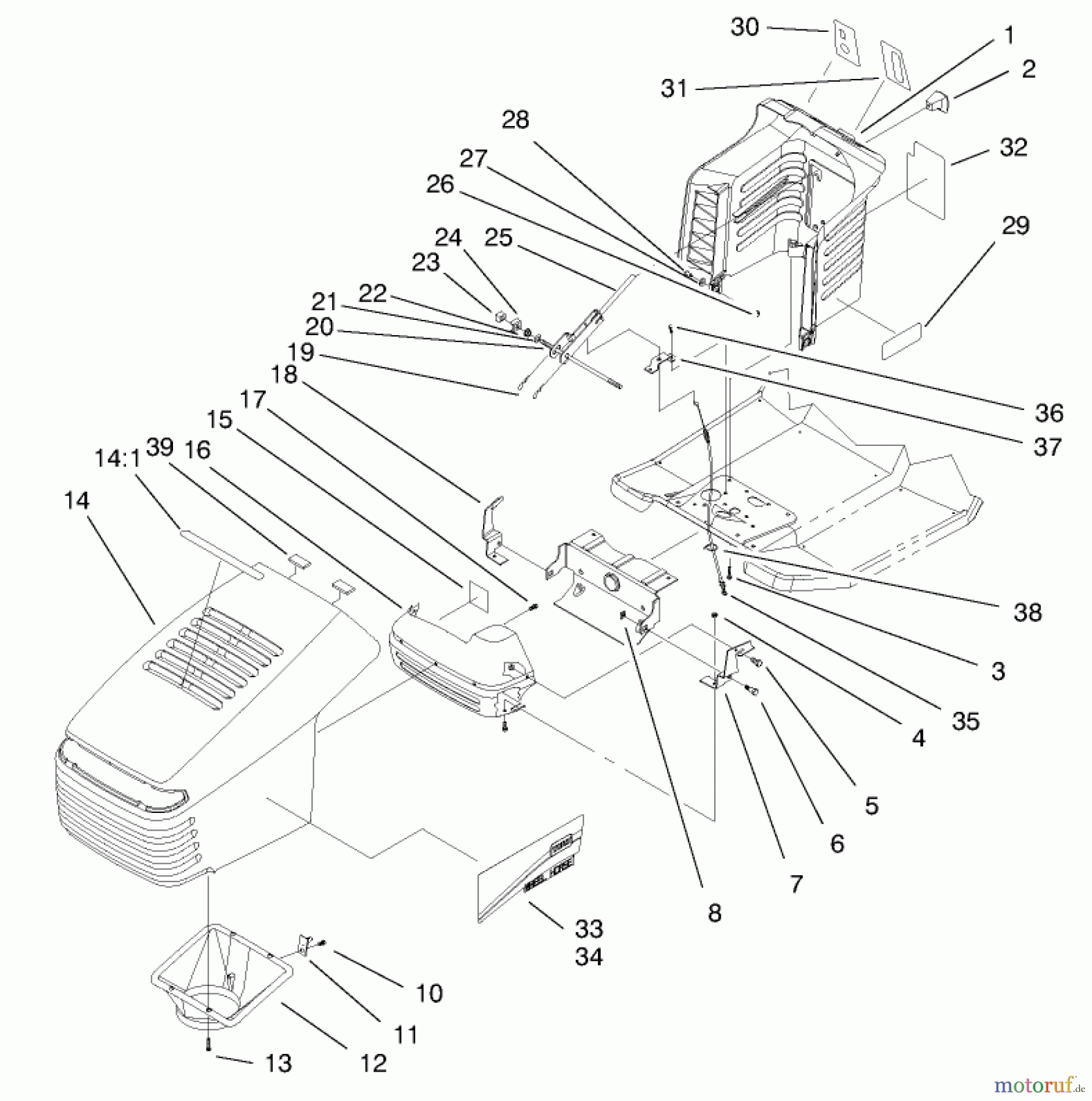Toro Neu Mowers, Lawn & Garden Tractor Seite 1 71215 (14-38HXL) - Toro 14-38HXL Lawn Tractor, 1998 (8900001-8999999) HOOD ASSEMBLY