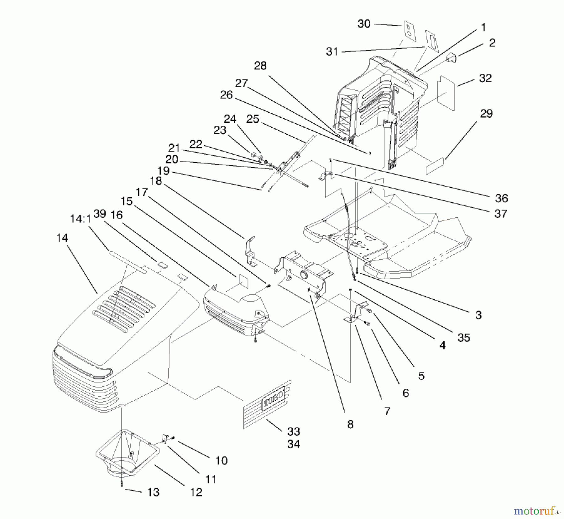 Toro Neu Mowers, Lawn & Garden Tractor Seite 1 71219 (14-38HXL) - Toro 14-38HXL Lawn Tractor, 1997 (7900001-7999999) HOOD ASSEMBLY