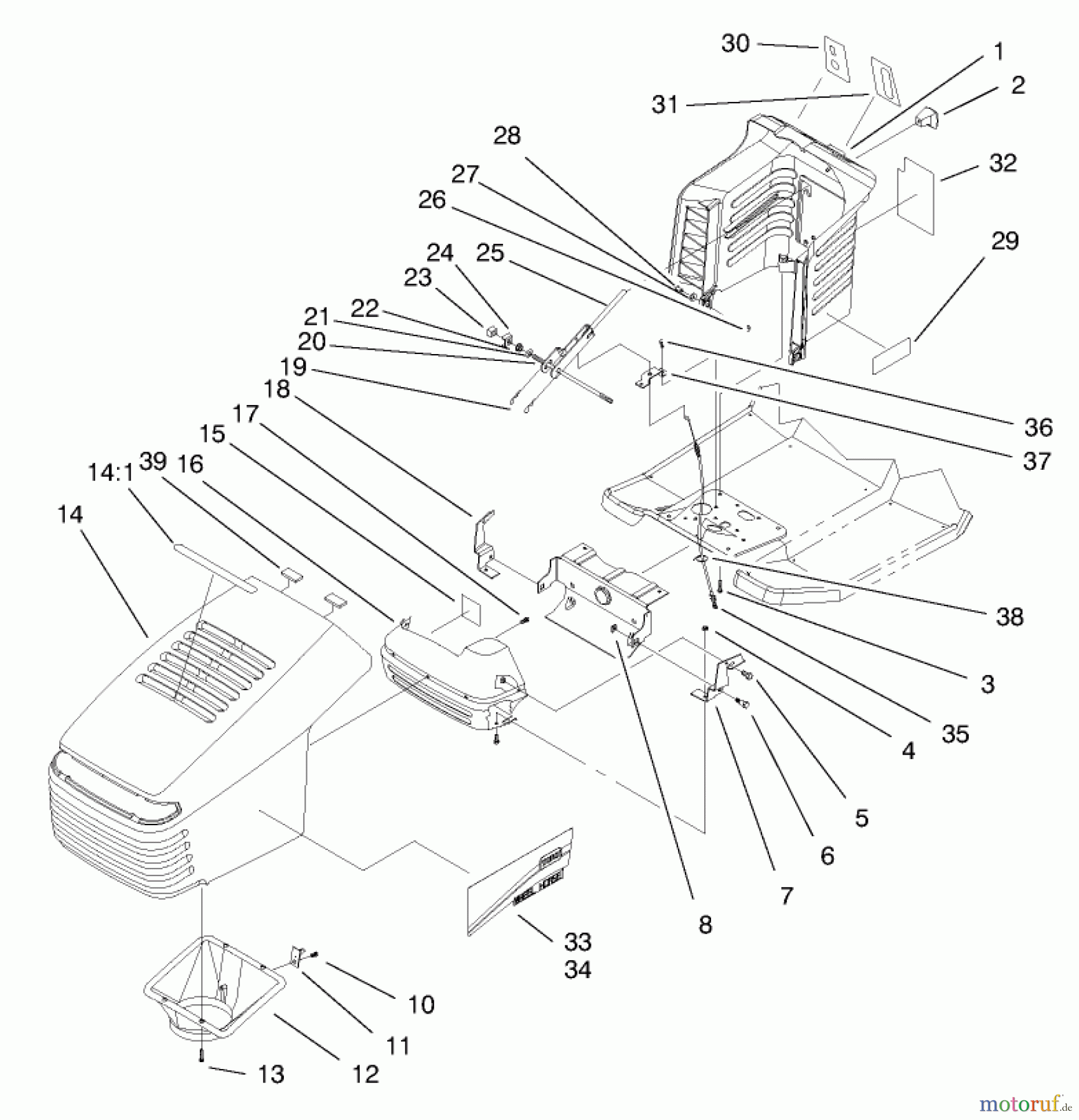 Toro Neu Mowers, Lawn & Garden Tractor Seite 1 71219 (14-38HXL) - Toro 14-38HXL Lawn Tractor, 1998 (8900001-8999999) HOOD ASSEMBLY