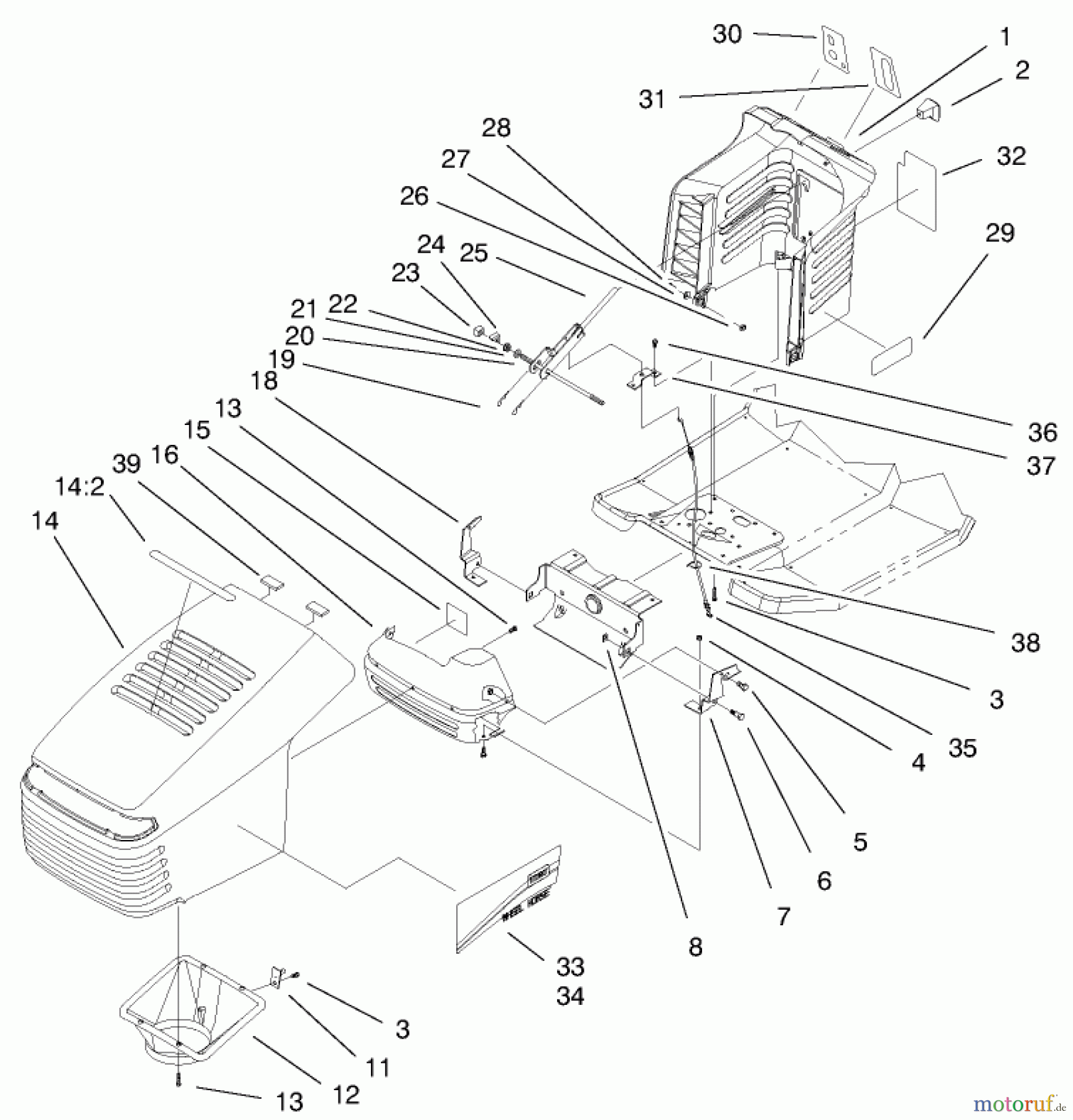  Toro Neu Mowers, Lawn & Garden Tractor Seite 1 71221 (15-38HXL) - Toro 15-38HXL Lawn Tractor, 1999 (9900001-9999999) HOOD & TOWER ASSEMBLY