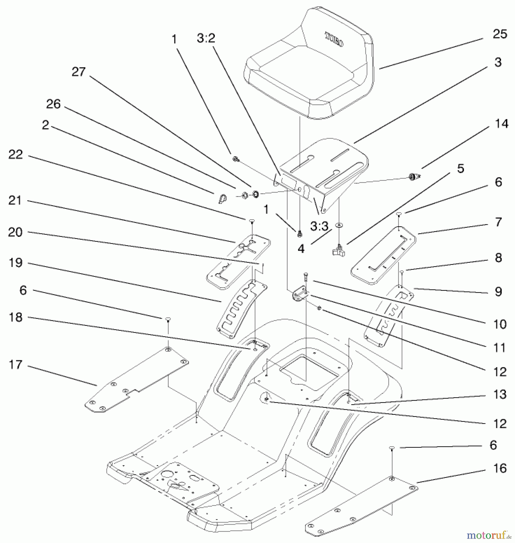 Toro Neu Mowers, Lawn & Garden Tractor Seite 1 71223 (16-38XL) - Toro 16-38XL Lawn Tractor, 2000 (200000001-200999999) REAR BODY & SEAT ASSEMBLY