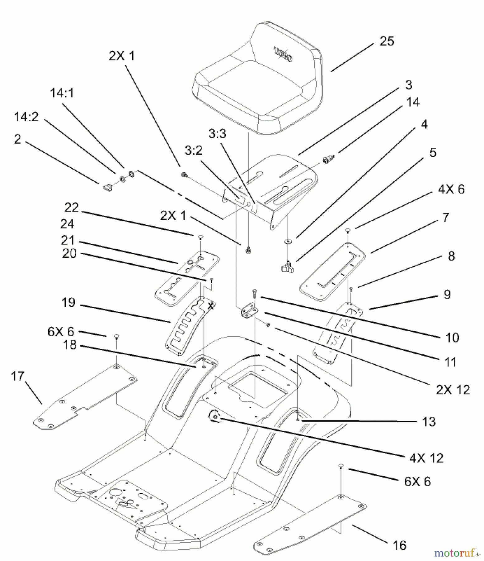 Toro Neu Mowers, Lawn & Garden Tractor Seite 1 71223 (16-38XL) - Toro 16-38XL Lawn Tractor, 2003 (230000001-230999999) REAR BODY AND SEAT ASSEMBLY