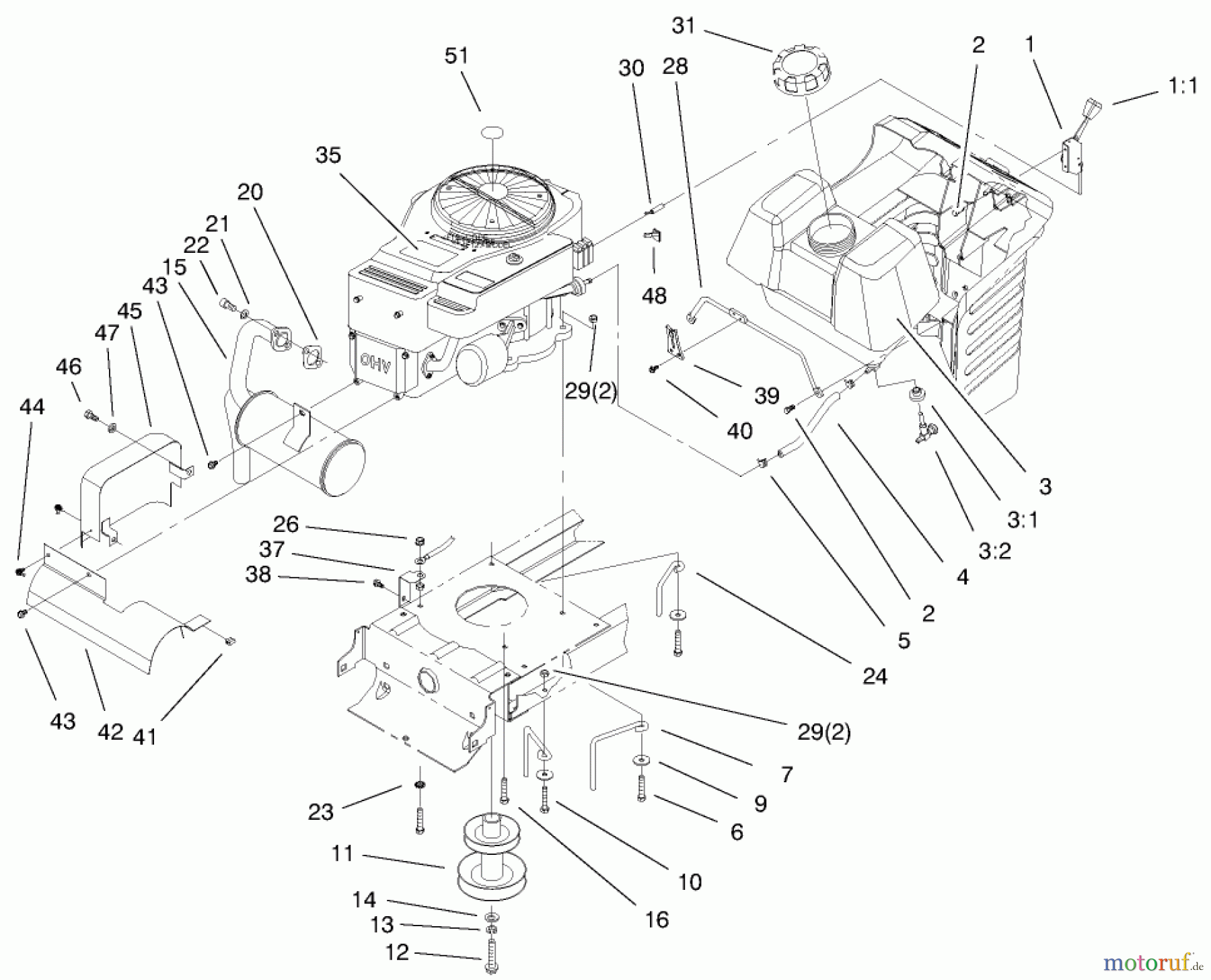 Toro Neu Mowers, Lawn & Garden Tractor Seite 1 71225 (16-38HXL) - Toro 16-38HXL Lawn Tractor, 2000 (200000001-200999999) ENGINE SYSTEMS COMPONENTS ASSEMBLY