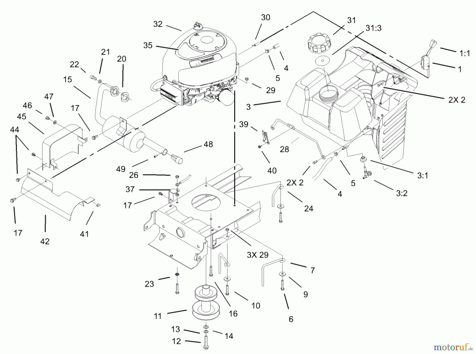 Toro Neu Mowers, Lawn & Garden Tractor Seite 1 71233 (17-44HXL) - Toro 17-44HXL Indy Special Edition Lawn Tractor, 2003 (230000001-230999999) ENGINE SYSTEM ASSEMBLY