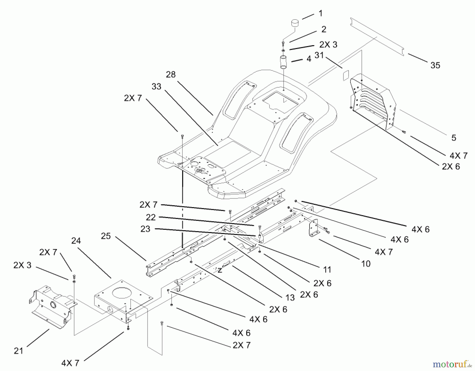 Toro Neu Mowers, Lawn & Garden Tractor Seite 1 71243 (17-38HXLE) - Toro 17-38HXLE Lawn Tractor, 2004 (240000001-240999999) FRAME AND BODY ASSEMBLY