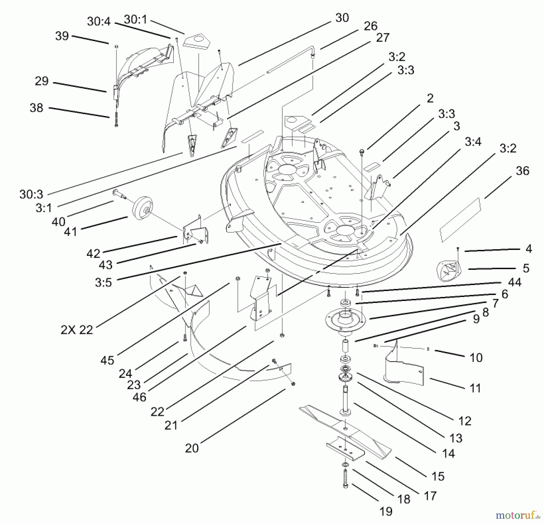 Toro Neu Mowers, Lawn & Garden Tractor Seite 1 71245 (14-38HXLE) - Toro 14-38HXLE Lawn Tractor, 2003 (230000001-230999999) 38IN DECK ASSEMBLY