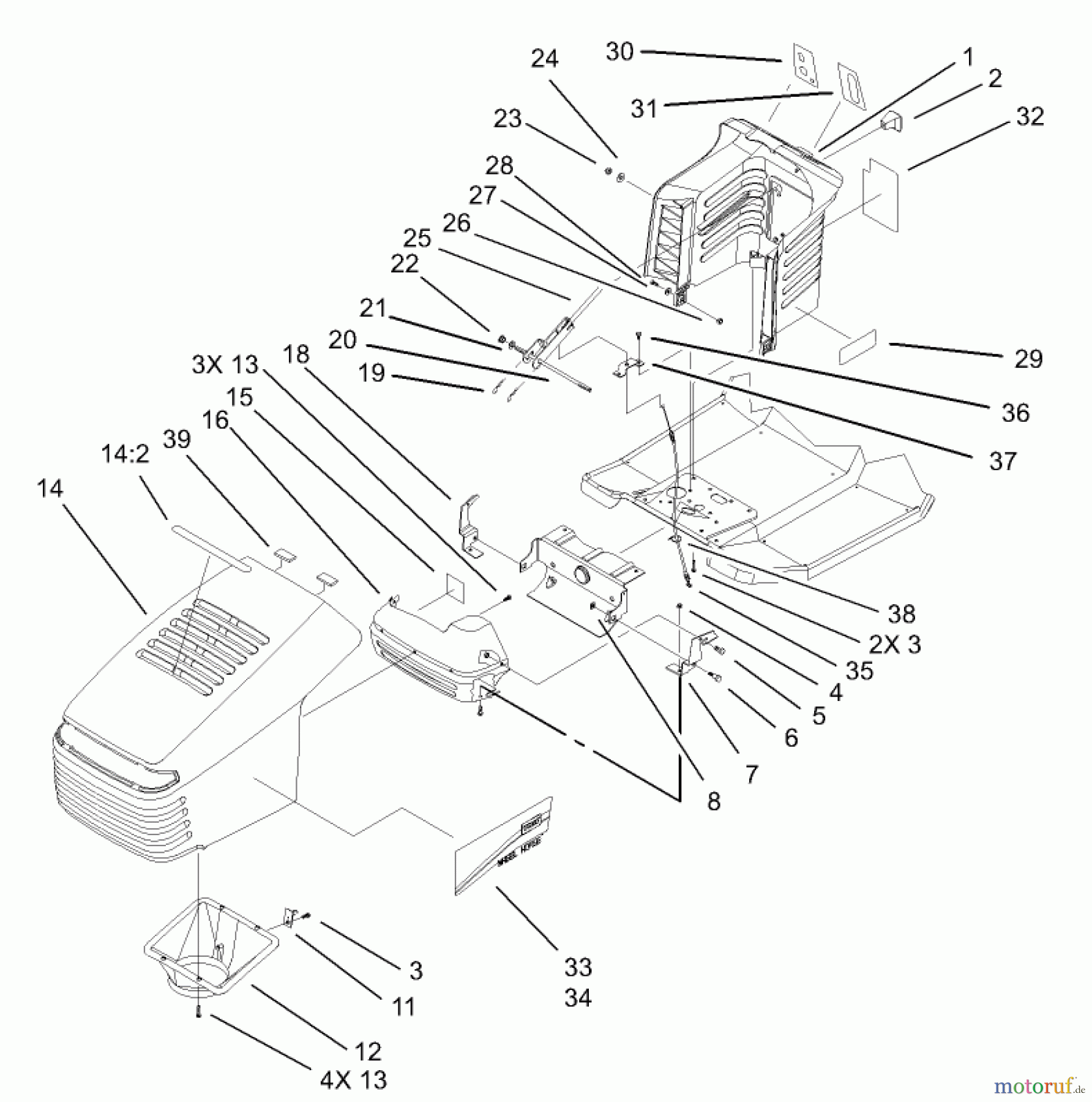 Toro Neu Mowers, Lawn & Garden Tractor Seite 1 71245 (14-38HXLE) - Toro 14-38HXLE Lawn Tractor, 2003 (230000001-230999999) HOOD AND TOWER ASSEMBLY