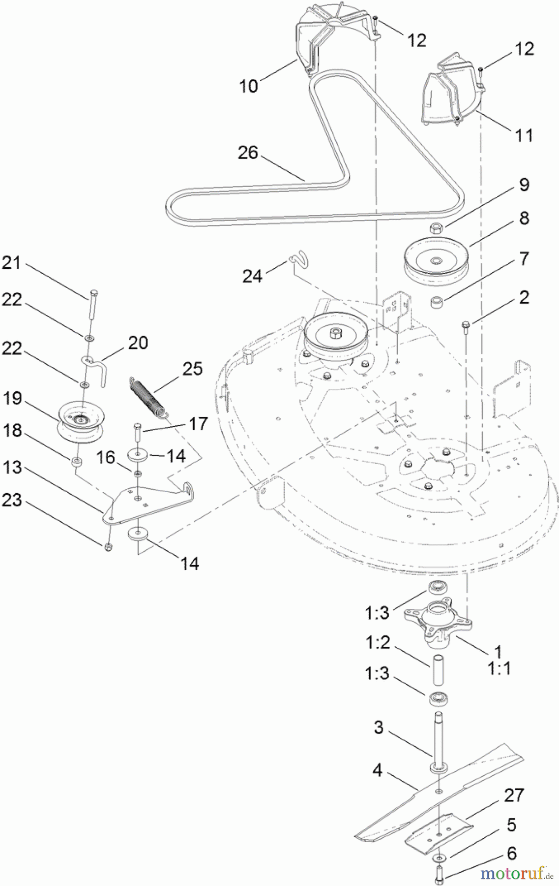 Toro Neu Mowers, Lawn & Garden Tractor Seite 1 71254 (XLS 380) - Toro XLS 380 Lawn Tractor, 2011 (311000001-311999999) 38 INCH DECK BELT AND BLADE ASSEMBLY