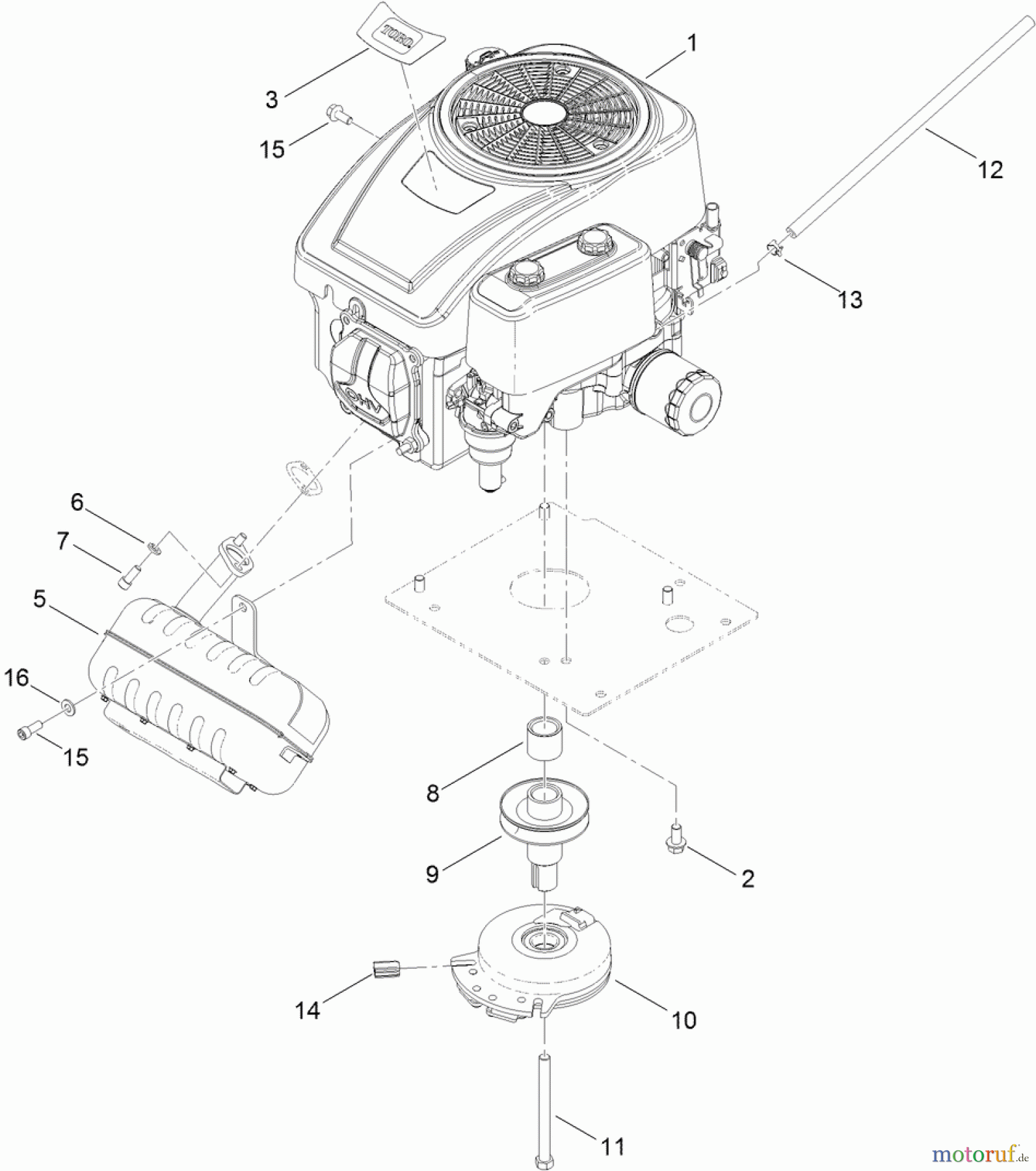 Toro Neu Mowers, Lawn & Garden Tractor Seite 1 71254 (XLS 380) - Toro XLS 380 Lawn Tractor, 2012 (SN 312000001-312999999) ENGINE, MUFFLER AND CLUTCH ASSEMBLY