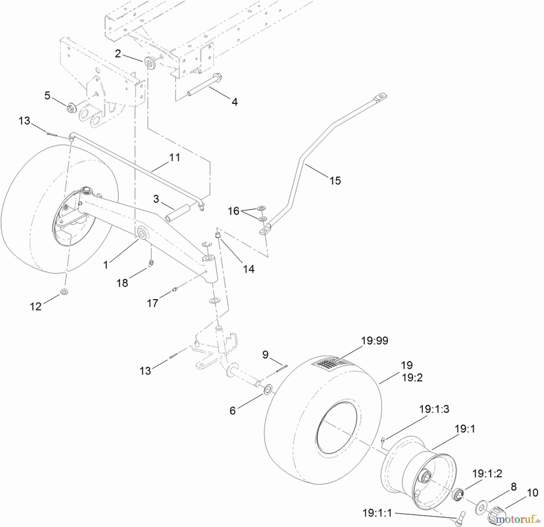 Toro Neu Mowers, Lawn & Garden Tractor Seite 1 71254 (XLS 380) - Toro XLS 380 Lawn Tractor, 2012 (SN 312000001-312999999) FRONT WHEEL AND AXLE ASSEMBLY