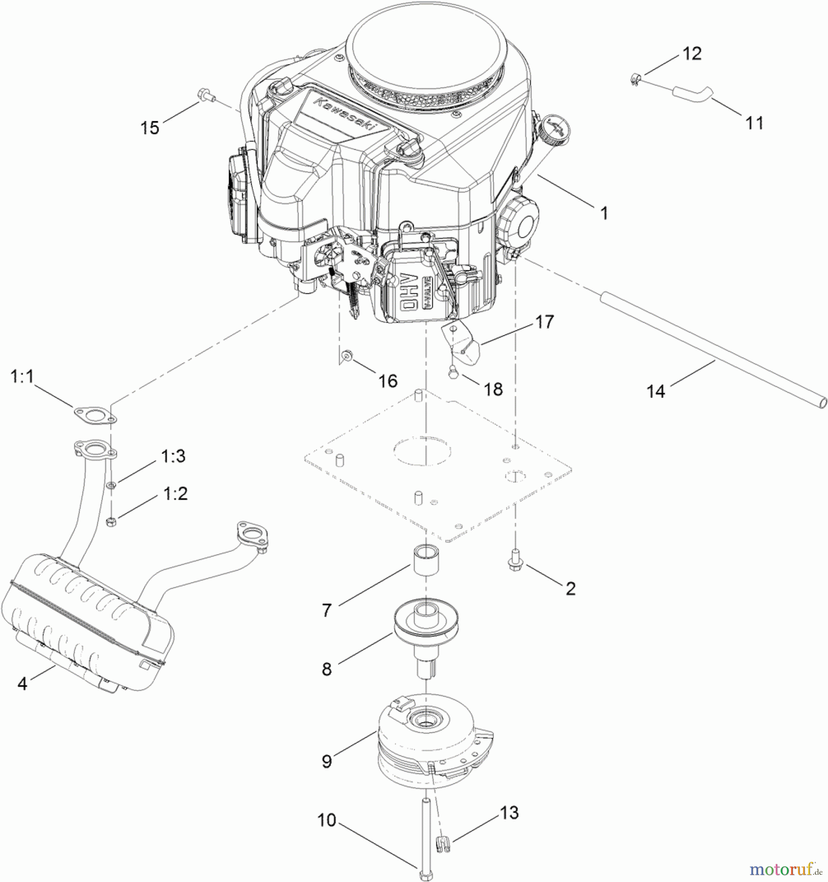Toro Neu Mowers, Lawn & Garden Tractor Seite 1 71255 (XLS 420T) - Toro XLS 420T Lawn Tractor, 2012 (SN 312000001-312999999) ENGINE, MUFFLER AND CLUTCH ASSEMBLY