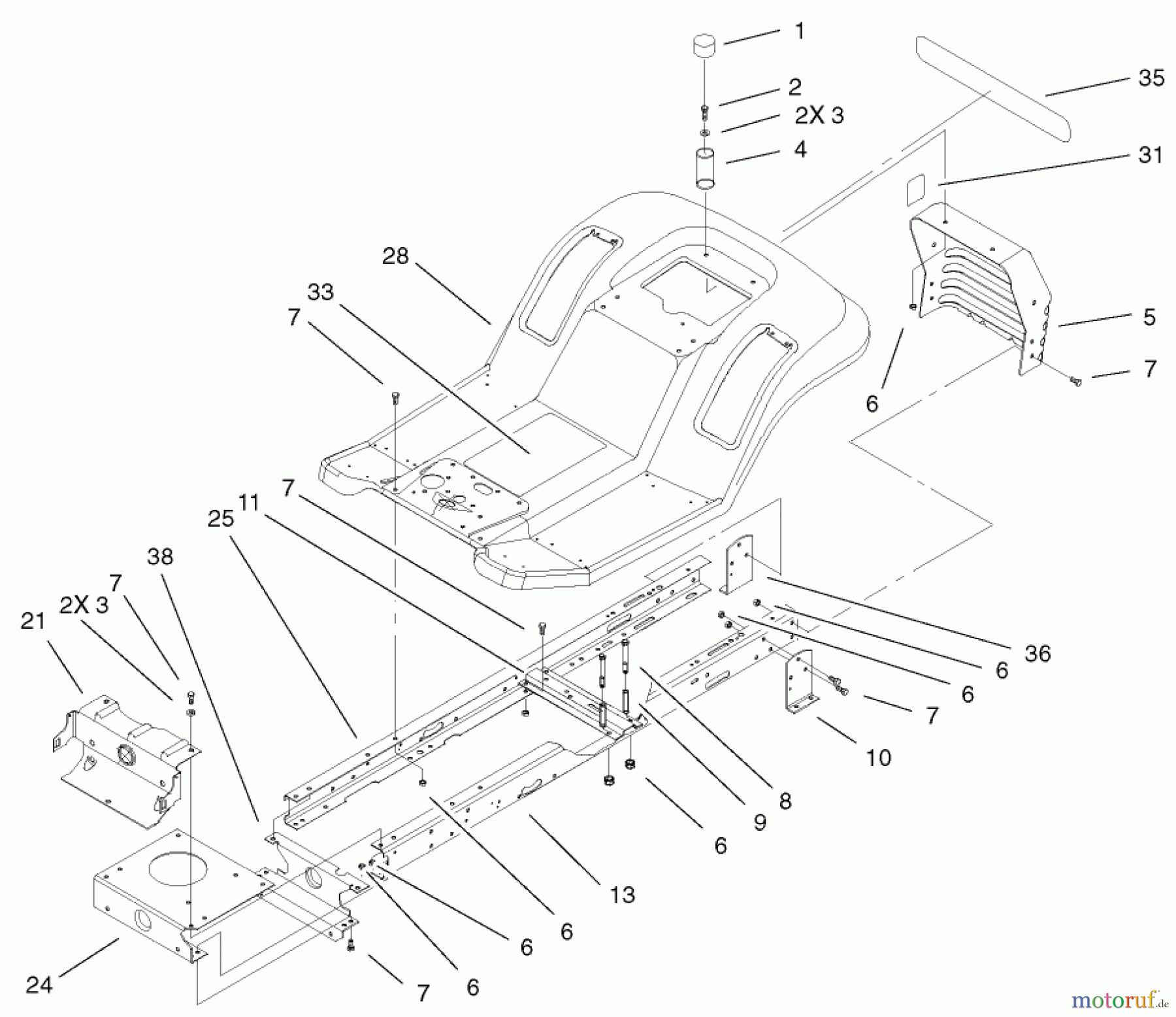 Toro Neu Mowers, Lawn & Garden Tractor Seite 1 71282 (17-44HXLE) - Toro 17-44HXLE Lawn Tractor, 2001 (210000001-210999999) FRAME & BODY ASSEMBLY