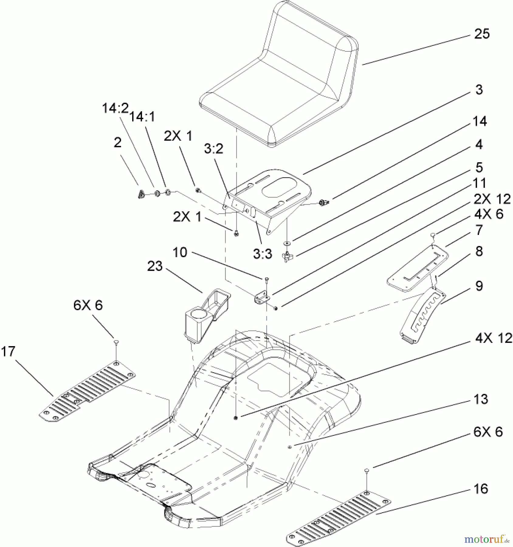 Toro Neu Mowers, Lawn & Garden Tractor Seite 1 71283 (17-44HXLE) - Toro 17-44HXLE Lawn Tractor, 2004 (240000001-240999999) REAR BODY AND SEAT ASSEMBLY