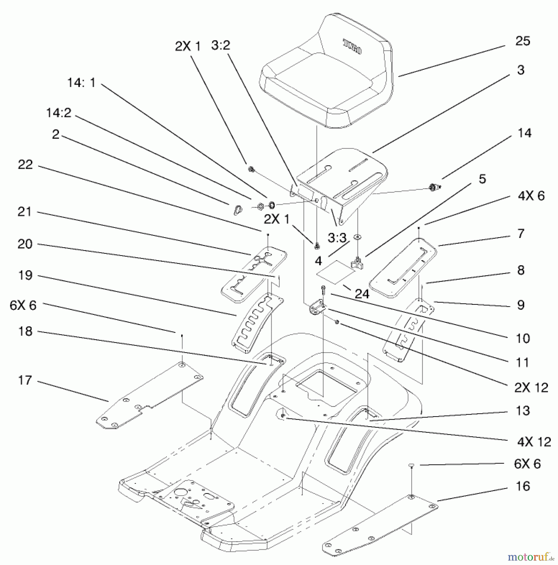 Toro Neu Mowers, Lawn & Garden Tractor Seite 1 71301 (12.5-32XLE) - Toro 12.5-32XLE Lawn Tractor, 2001 (210000001-210999999) REAR BODY AND SEAT ASSEMBLY