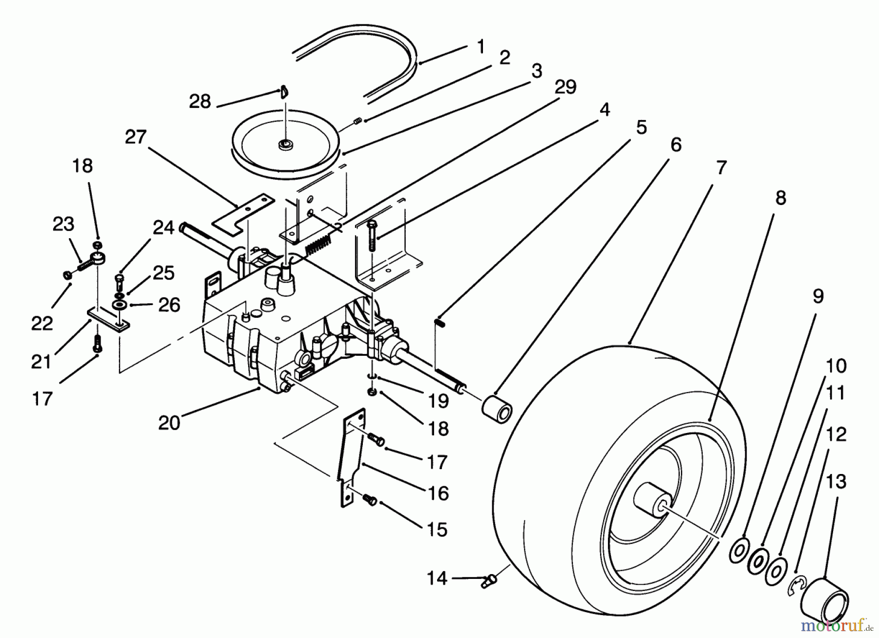  Toro Neu Mowers, Lawn & Garden Tractor Seite 1 72040 (244-5) - Toro 244-5 Yard Tractor, 1993 (3900001-3999999) REAR WHEEL AND TRANSMISSION ASSEMBLY