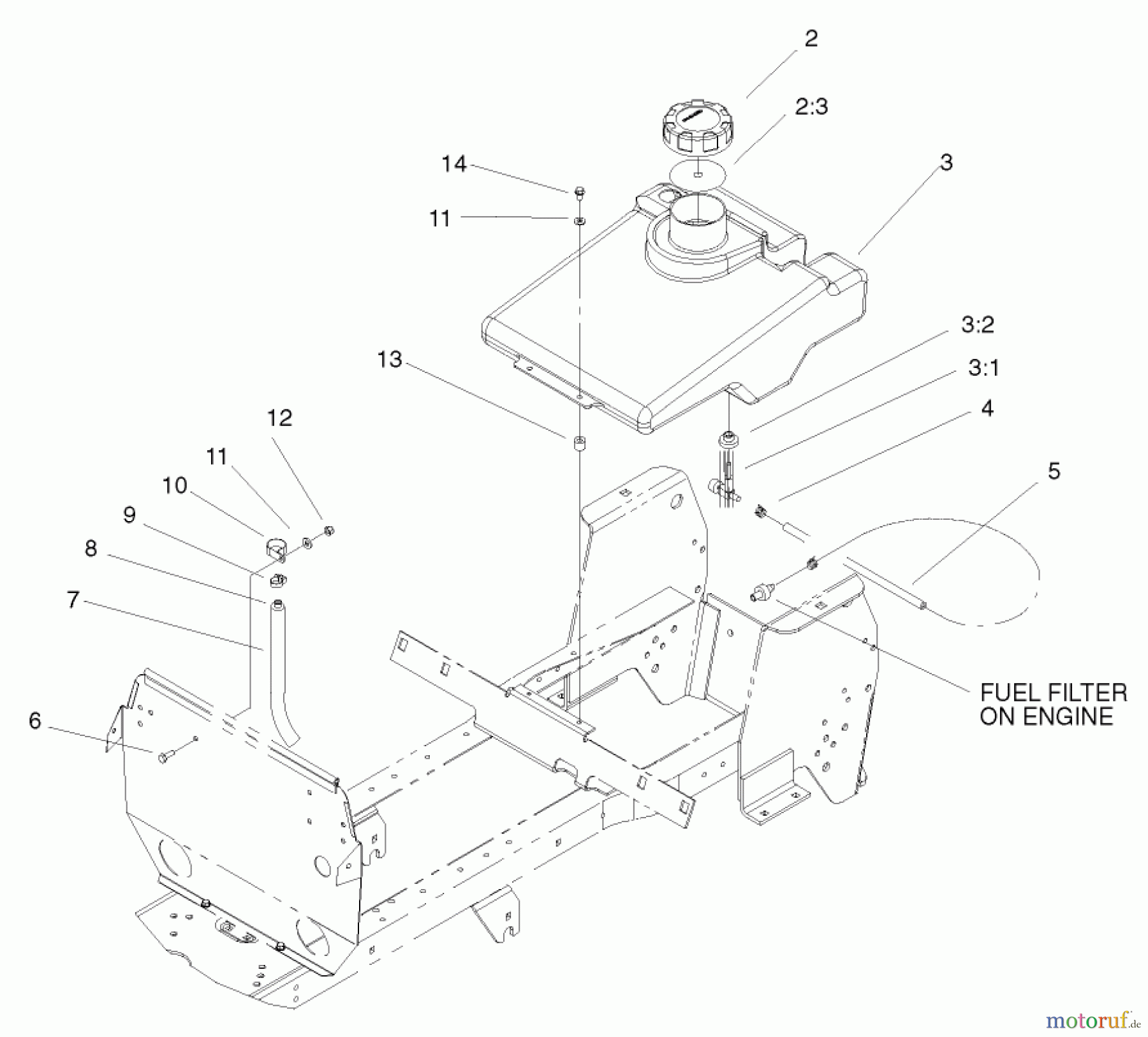 Toro Neu Mowers, Lawn & Garden Tractor Seite 1 72071 (265-H) - Toro 265-H Lawn and Garden Tractor, 2000 (200000001-200999999) FUEL TANK ASSEMBLY