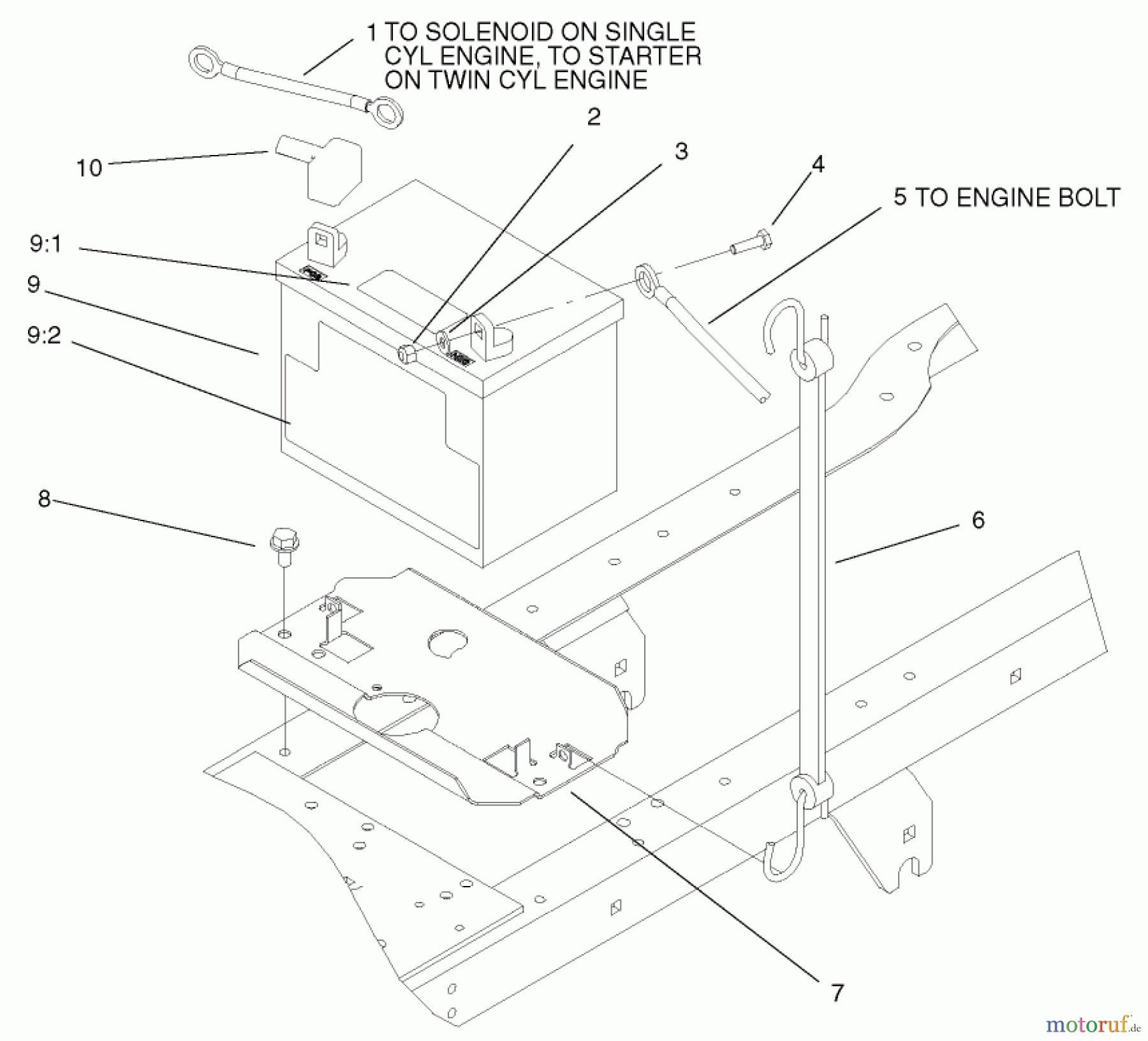  Toro Neu Mowers, Lawn & Garden Tractor Seite 1 72072 (266-HE) - Toro 266-HE Lawn and Garden Tractor, 2001 (210000001-210999999) BATTERY ASSEMBLY