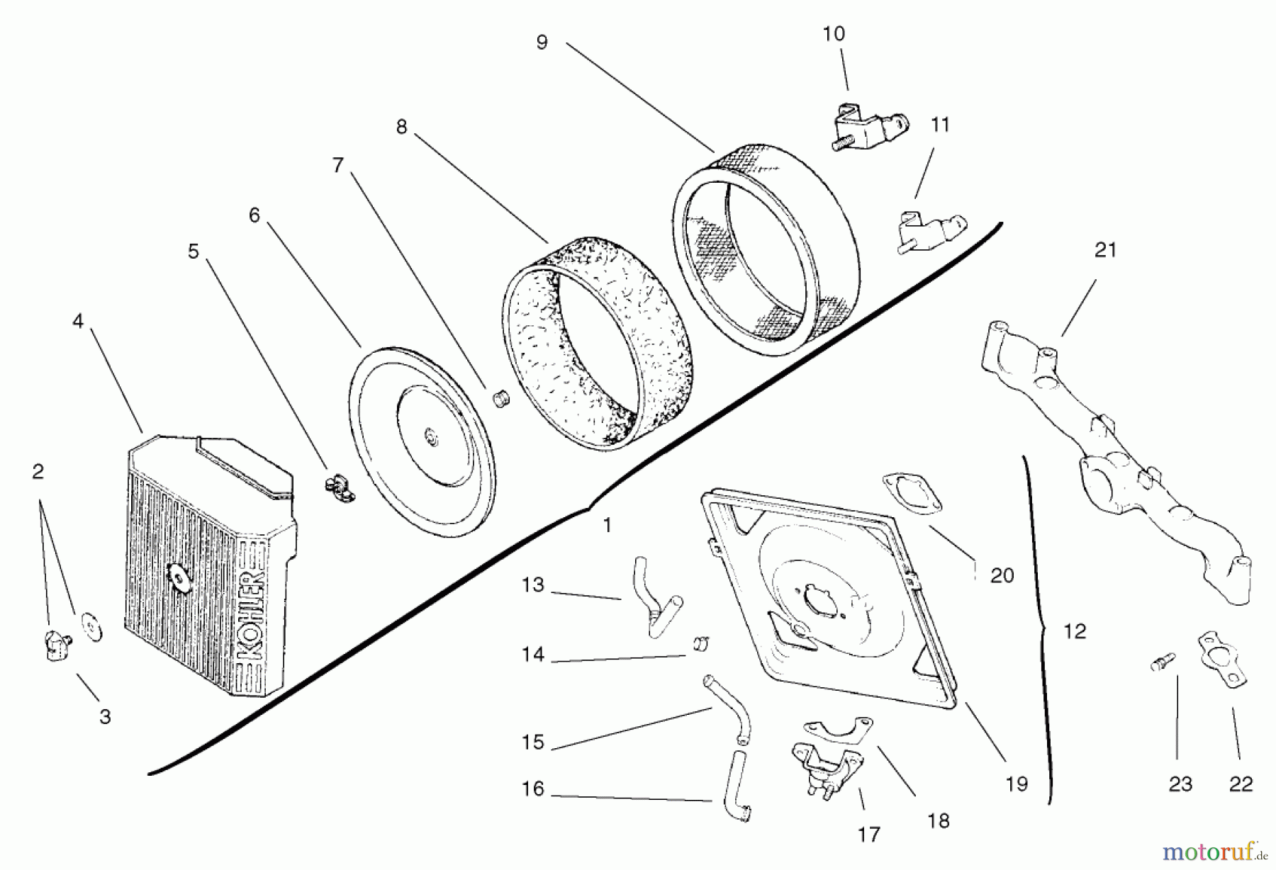  Toro Neu Mowers, Lawn & Garden Tractor Seite 1 72107 (268-HE) - Toro 268-HE Lawn and Garden Tractor, 2001 (210000001-210999999) AIR INTAKE / FILTRATION ASSEMBLY KOHLER CV18S-PS-61528 AND CV18S-PS-61529