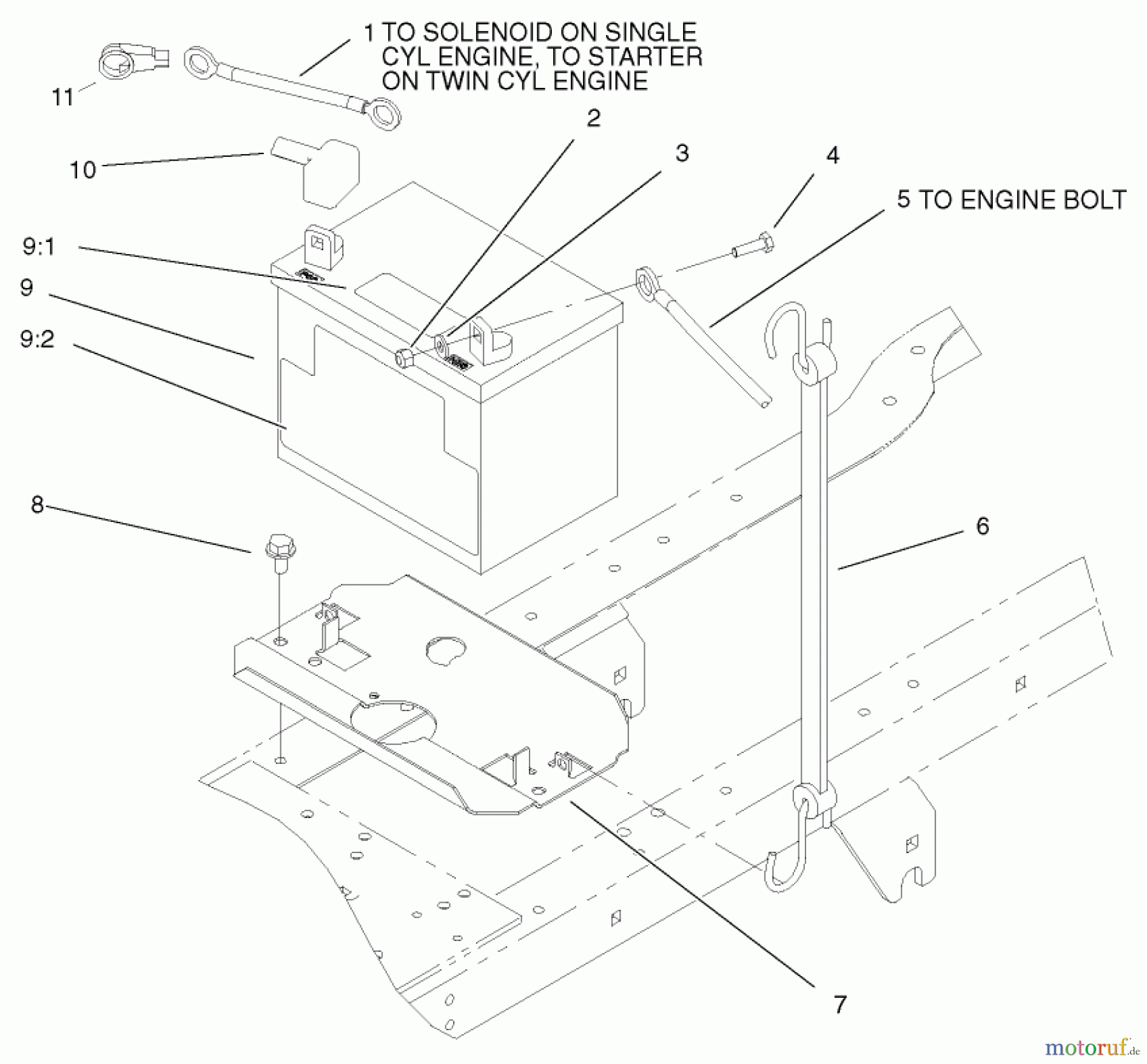  Toro Neu Mowers, Lawn & Garden Tractor Seite 1 72087 (268-H) - Toro 268-H Lawn and Garden Tractor, 2001 (210000001-210999999) BATTERY ASSEMBLY