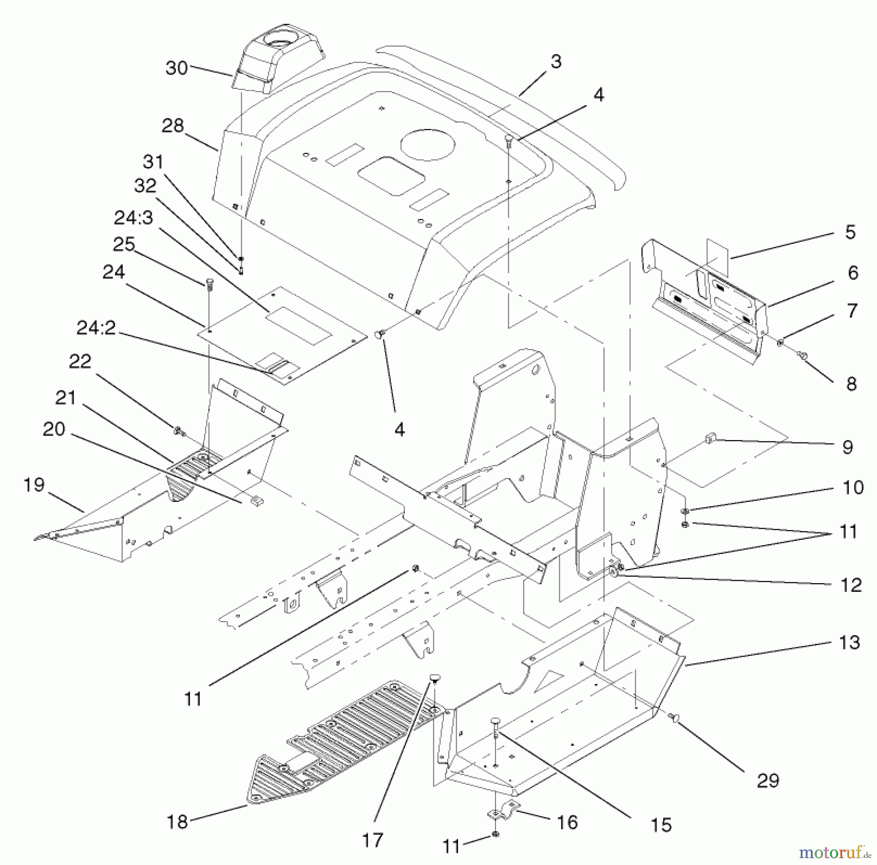 Toro Neu Mowers, Lawn & Garden Tractor Seite 1 72107 (268-HE) - Toro 268-HE Lawn and Garden Tractor, 2001 (210000001-210999999) FENDER AND FOOTREST ASSEMBLY