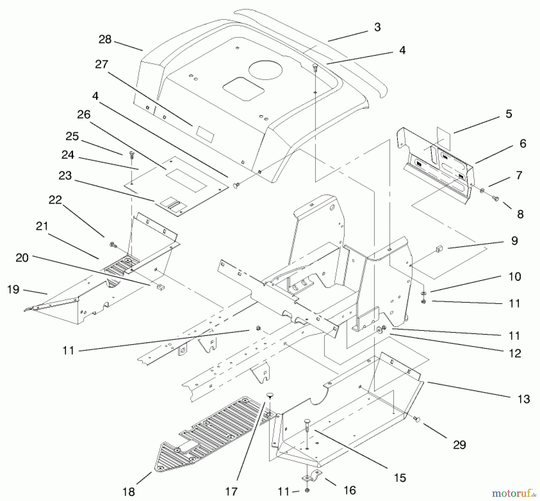 Toro Neu Mowers, Lawn & Garden Tractor Seite 1 72106 (270-H) - Toro 270-H Lawn and Garden Tractor, 1999 (9900001-9999999) FENDER & FOOTRESTS ASSEMBLY