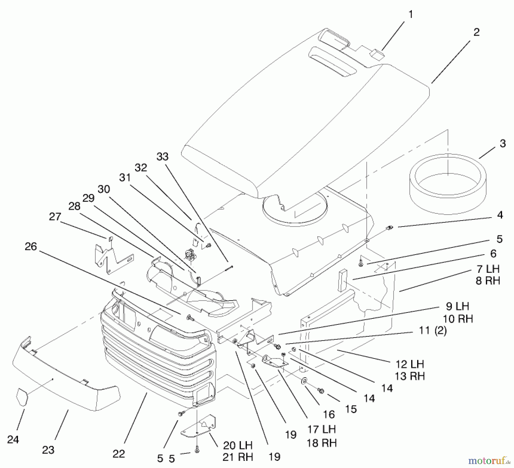  Toro Neu Mowers, Lawn & Garden Tractor Seite 1 72106 (270-H) - Toro 270-H Lawn and Garden Tractor, 1999 (9900001-9999999) HOOD & GRILL ASSEMBLY