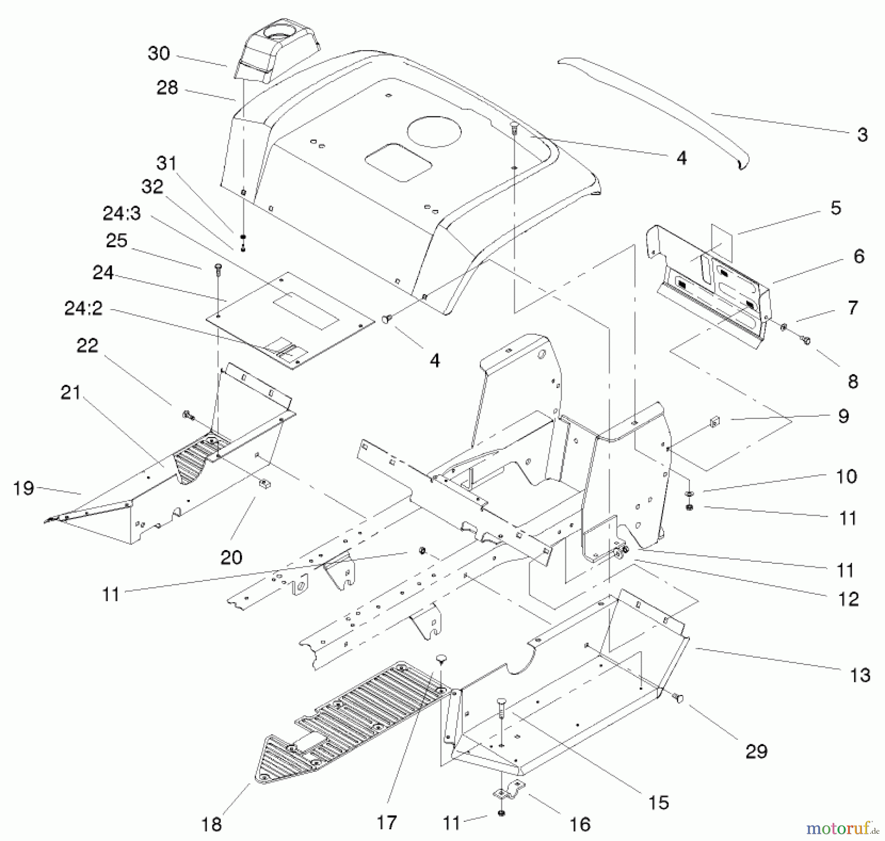 Toro Neu Mowers, Lawn & Garden Tractor Seite 1 72108 (270-H) - Toro 270-H Lawn and Garden Tractor, 2002 (220000001-220999999) FENDER AND FOOTRESTS ASSEMBLY