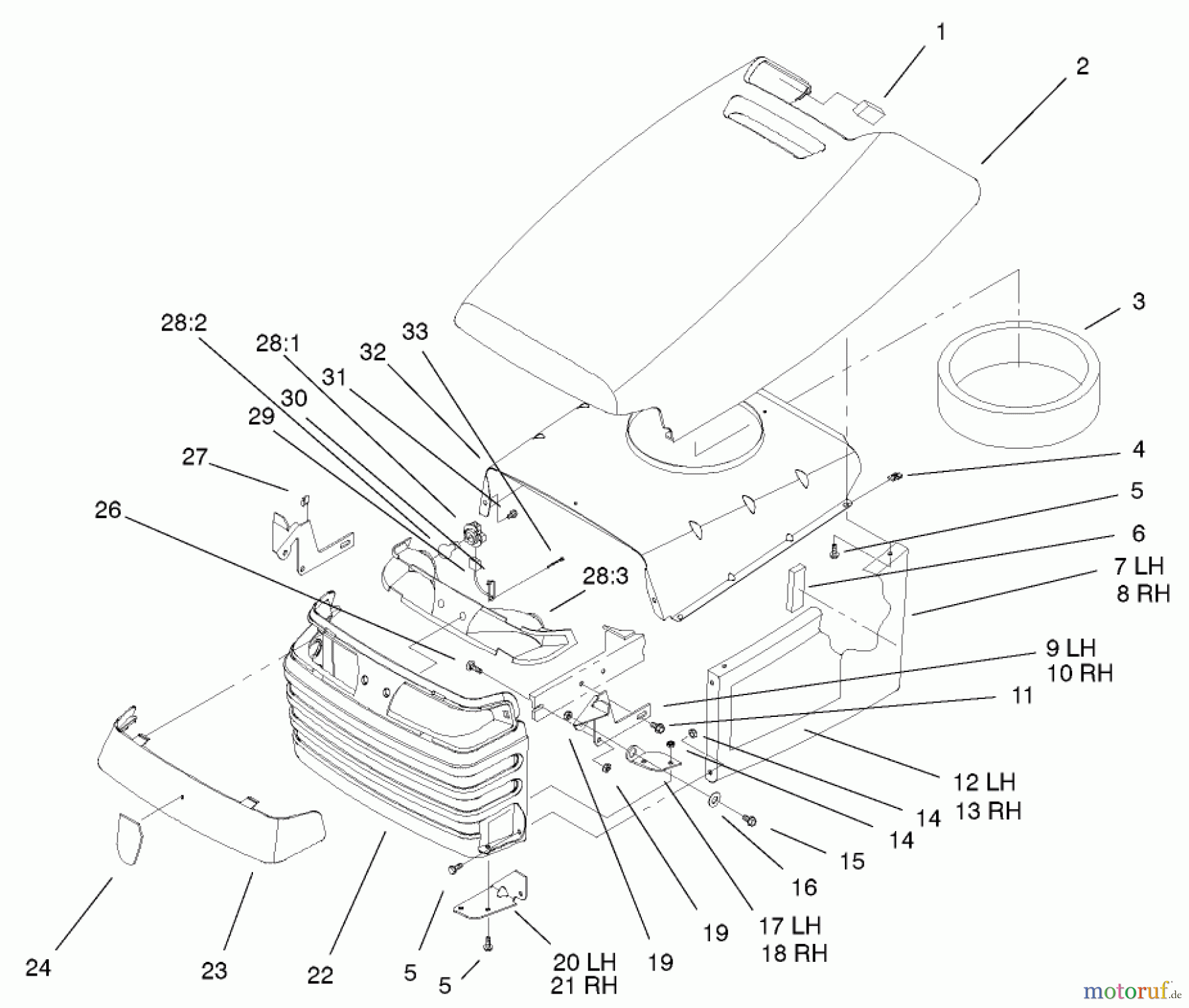 Toro Neu Mowers, Lawn & Garden Tractor Seite 1 72108 (270-H) - Toro 270-H Lawn and Garden Tractor, 2002 (220000001-220999999) HOOD AND GRILL ASSEMBLY