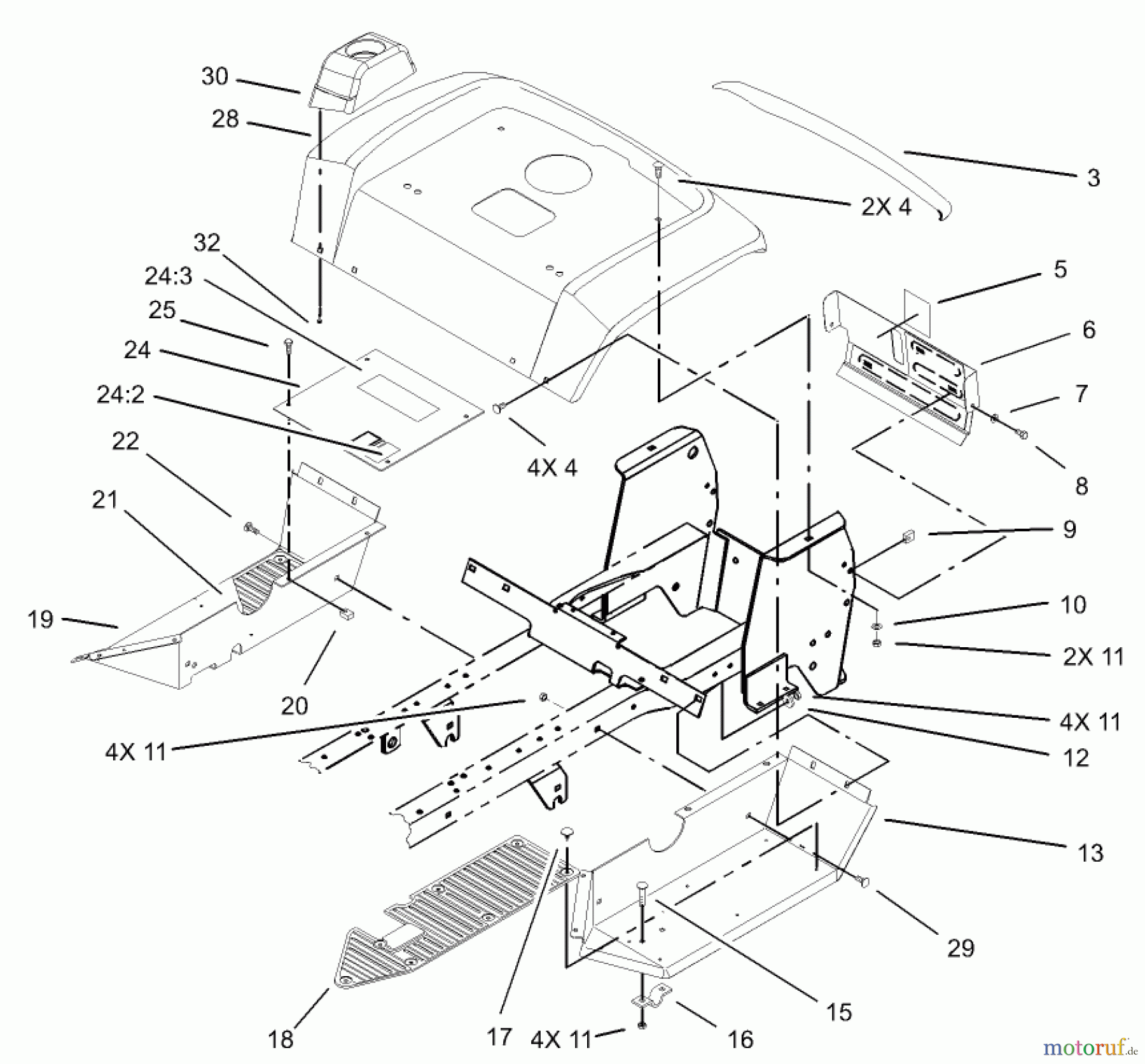  Toro Neu Mowers, Lawn & Garden Tractor Seite 1 72116 (270-HE) - Toro 270-HE Lawn and Garden Tractor, 2003 (230000001-230999999) FENDER AND FOOTRESTS ASSEMBLY