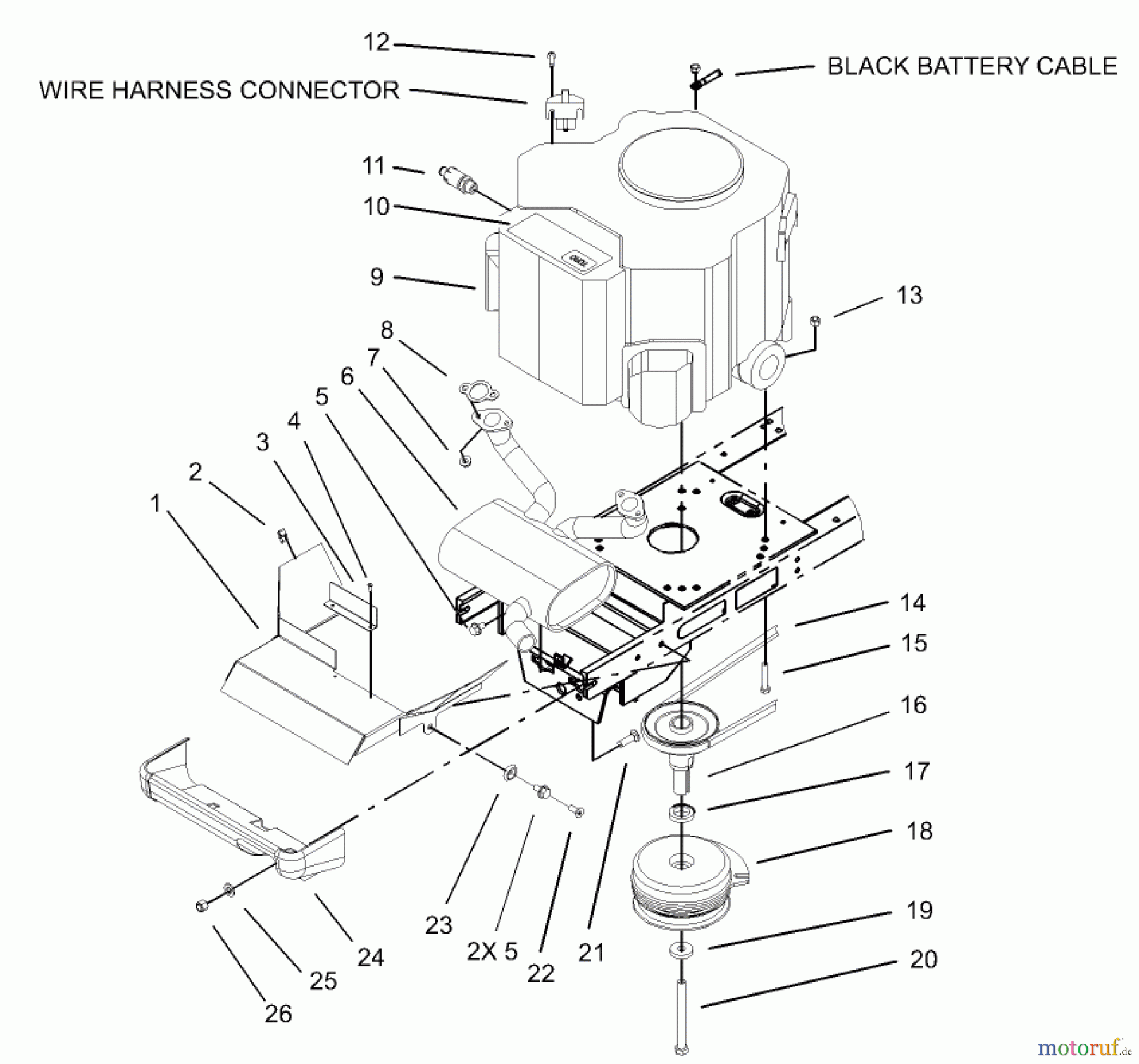 Toro Neu Mowers, Lawn & Garden Tractor Seite 1 72116 (270-HE) - Toro 270-HE Lawn and Garden Tractor, 2003 (230000001-230999999) TWIN CYLINDER ENGINE, MUFFLER AND PTO ASSEMBLY