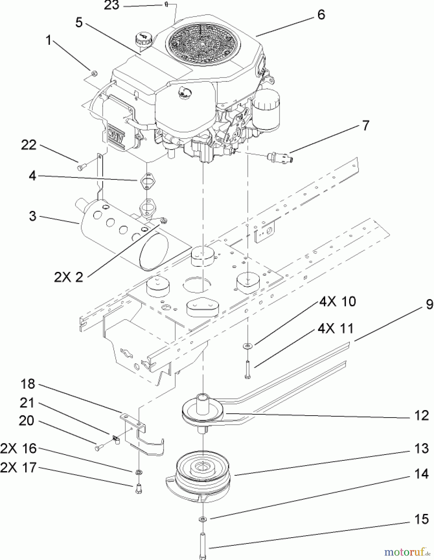Toro Neu Mowers, Lawn & Garden Tractor Seite 1 72200 (410) - Toro 410 Garden Tractor, 2005 (250000001-250999999) ENGINE, MUFFLER AND PTO ASSEMBLY