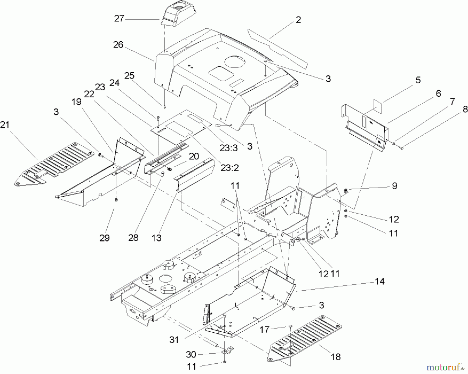 Toro Neu Mowers, Lawn & Garden Tractor Seite 1 72211 (417XT) - Toro 417XT Garden Tractor, 2004 (240000001-240999999) FENDER AND FOOTREST ASSEMBLY