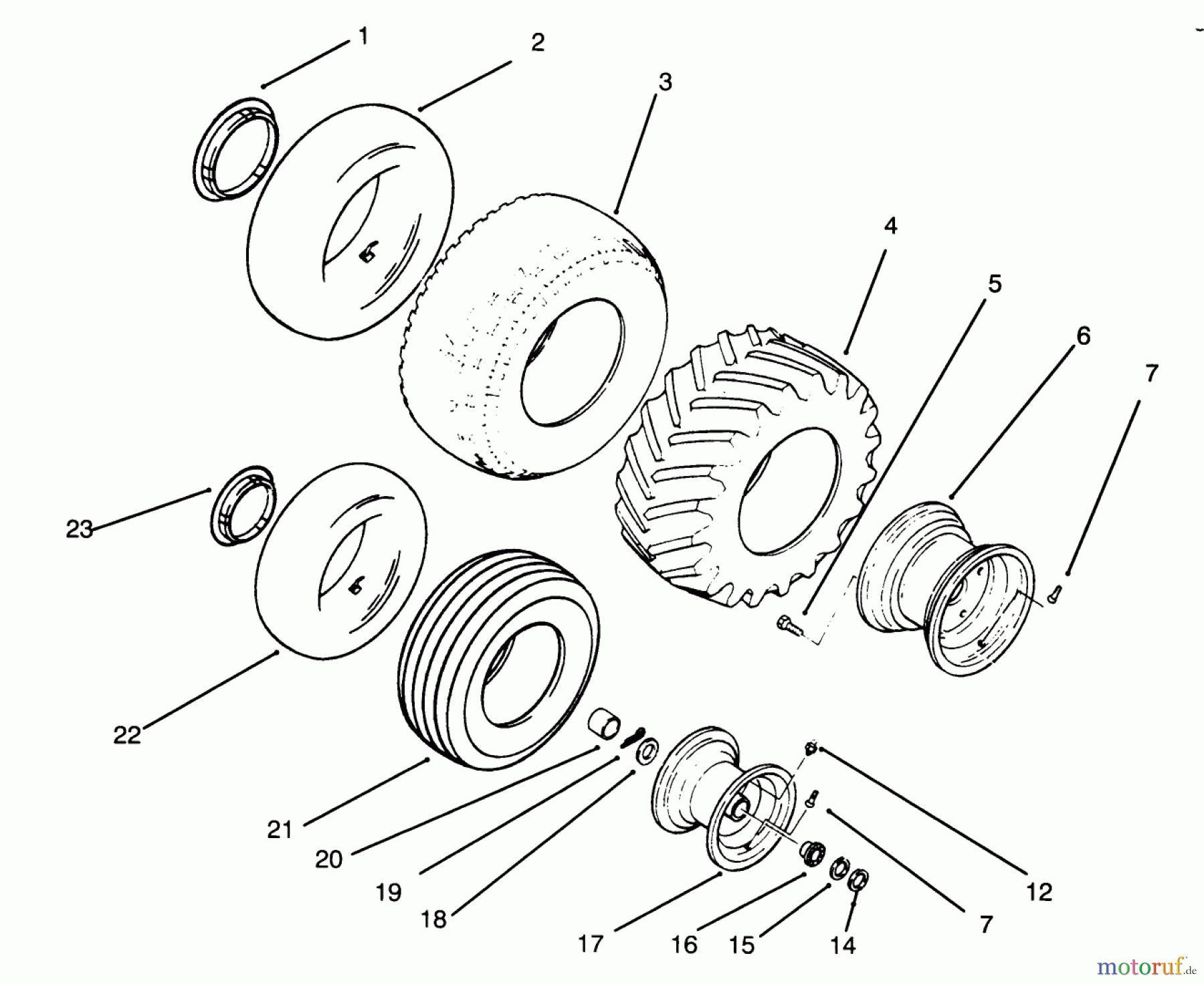 Toro Neu Mowers, Lawn & Garden Tractor Seite 1 73401 (314-H) - Toro 314-H Garden Tractor, 1995 (5900001-5900260) WHEELS AND TIRES