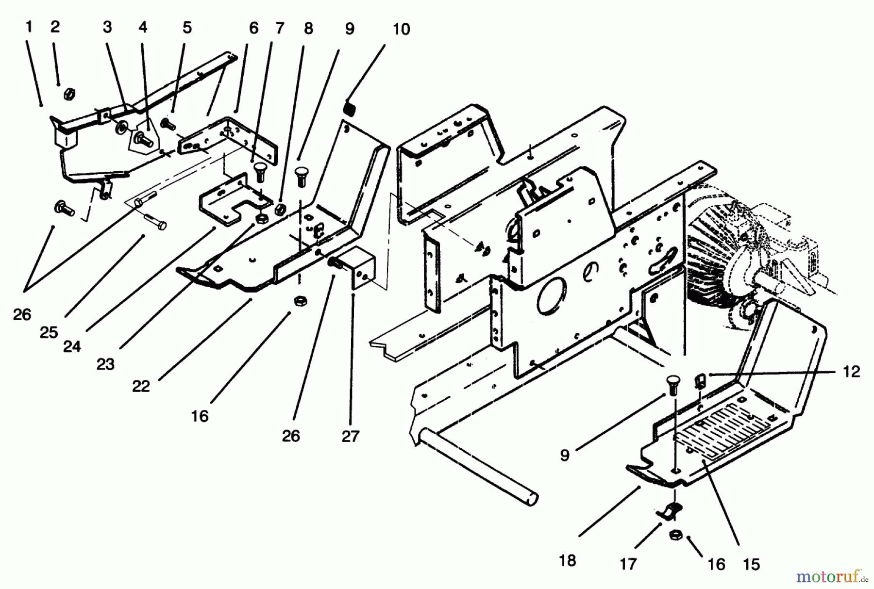  Toro Neu Mowers, Lawn & Garden Tractor Seite 1 73401 (314-H) - Toro 314-H Garden Tractor, 1996 (6900001-6999999) BELT GUARD & FOOTRESTS