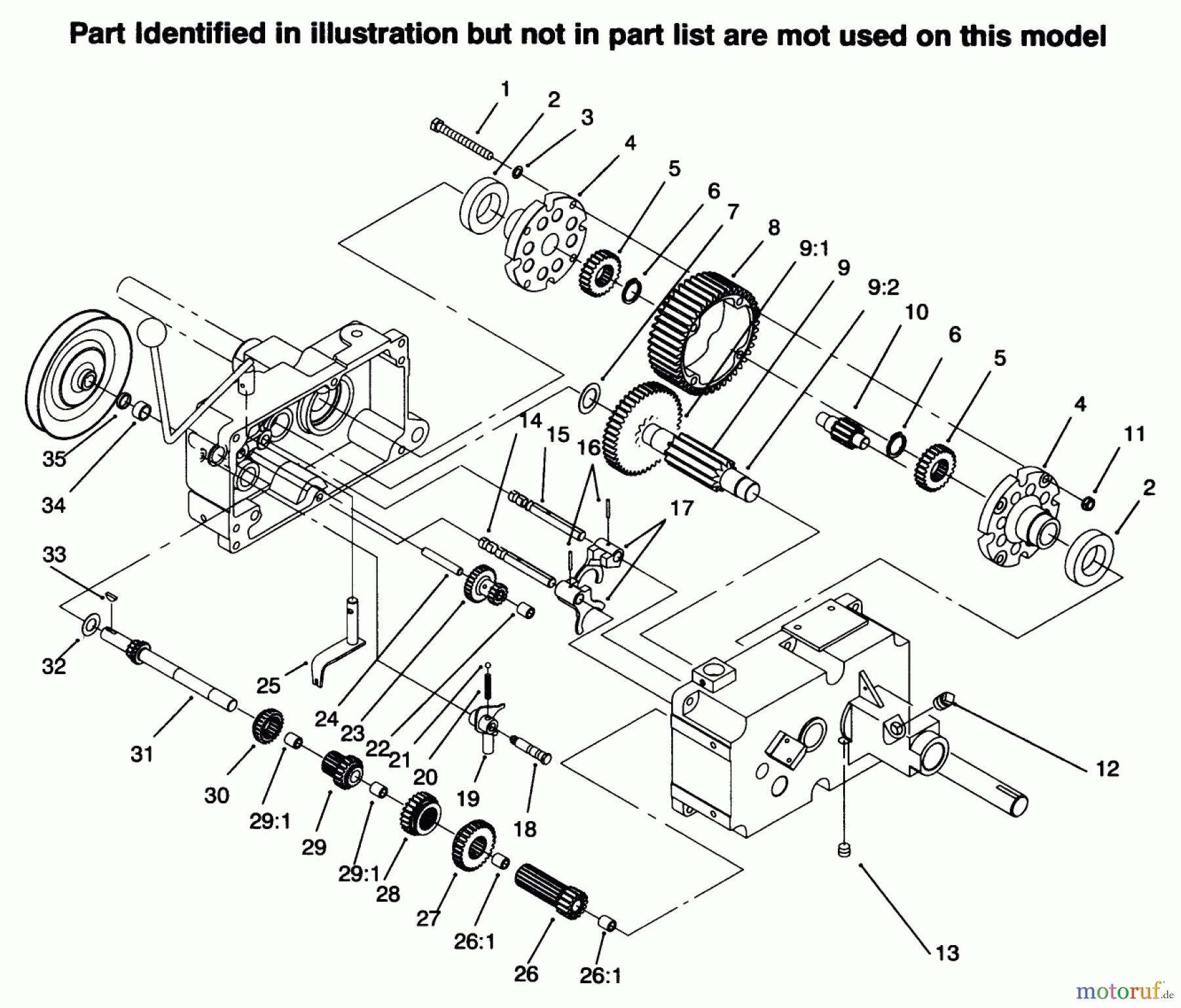 Toro Neu Mowers, Lawn & Garden Tractor Seite 1 73402 (314-8) - Toro 314-8 Garden Tractor, 1996 (6900001-6999999) TRANSMISSION 8-SPEED 8 PINION #2