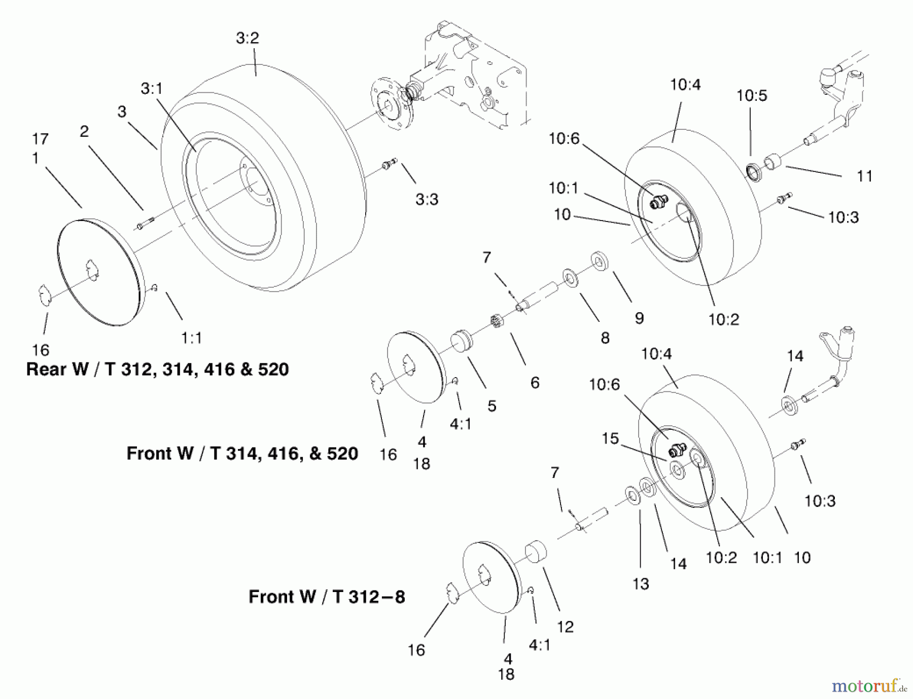 Toro Neu Mowers, Lawn & Garden Tractor Seite 1 73403 (314-H) - Toro 314-H Garden Tractor, 1997 (7900001-7999999) WHEEL ASSEMBLIES