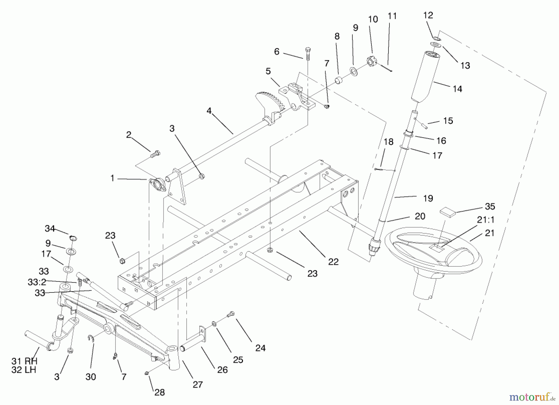  Toro Neu Mowers, Lawn & Garden Tractor Seite 1 73428 (312-8) - Toro 312-8 Garden Tractor, 1998 (8900001-8900499) FRAME AXLE AND STEERING SYSTEM