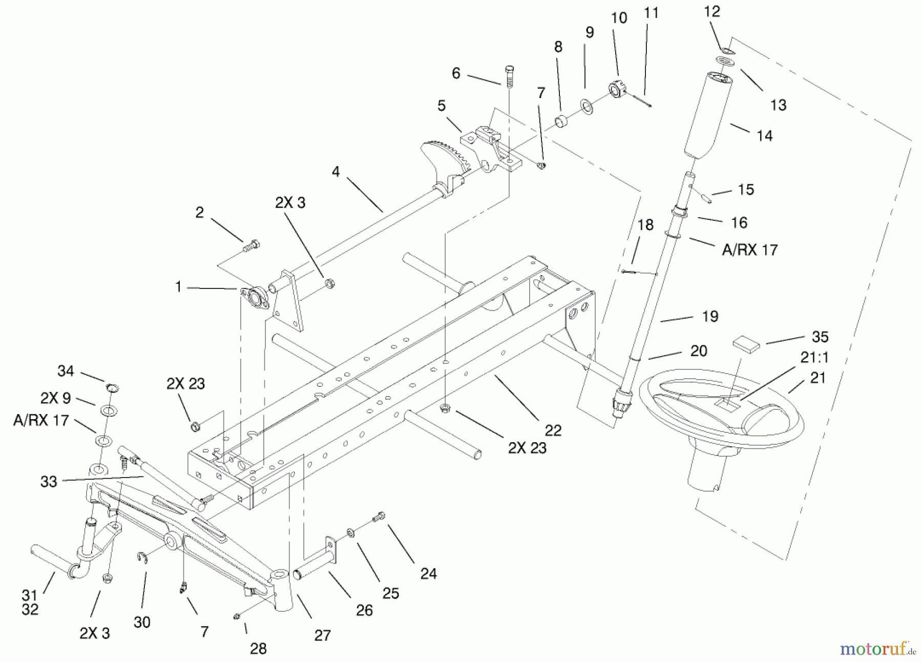 Toro Neu Mowers, Lawn & Garden Tractor Seite 1 73429 (312-8) - Toro 312-8 Garden Tractor, 2001 (210000001-210999999) FRAME, AXLE AND STEERING SYSTEM