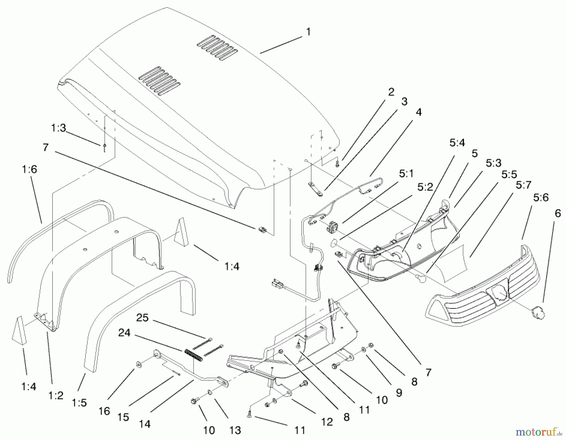 Toro Neu Mowers, Lawn & Garden Tractor Seite 1 73541 (520xi) - Toro 520xi Garden Tractor, 1998 (8900001-8999999) HOOD & HEADLIGHT ASSEMBLY